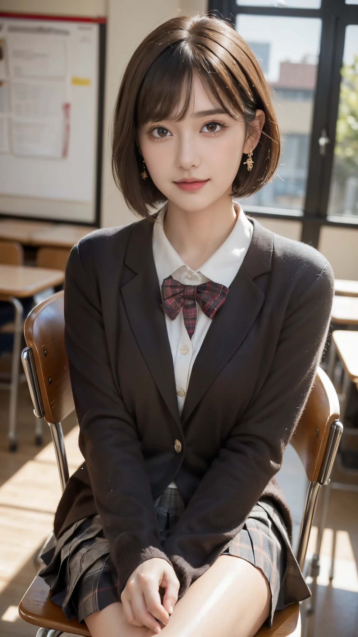 (A beautiful and cute high school girl in a school uniform is sitting in a chair in a high school classroom during lunch break, She is wearing a blazer and a plaid pleated skirt as her uniform, with a red ribbon accent around her collar:1.3),
BREAK
(Photorealistic, 32k, RAW photo, best quality:1.4), (masterpiece:1.3), (absurdres, attractive, ultra high resolution, ultra realistic, highly detailed, golden ratio, ultra detailed),
BREAK
1 beautiful woman, super fucking beautiful detailed face, natural makeup, intricate cloth texture, finely detailed hair texture, beautiful detailed full-body, perfect female form, accurate, Anatomically correct, Highly detailed face and skin texture, (beautiful elegant hands), (realistic skin), (beautiful pale skin:1.1), beautiful Breasts,
(Perfect dynamic composition, looking at viewer, extreme close-up:1.3),
BREAK
(School uniform, blazer & plaid pleated & red ribbon accent around her collar, detailed cloth texture), (Earrings),
BREAK,
realistic eyes, beautiful detailed eyes, symmetric eyes, captivating detailed eyes, light brown eyes, double eyelids, thin eyebrows, (glossy lips:1.4), (kissable expression, blush:1.3), (beautiful smile:1.1),
BREAK,
((short bob cut, dark brown hair, bangs:1.2)), (Daytime, classroom:1.3)