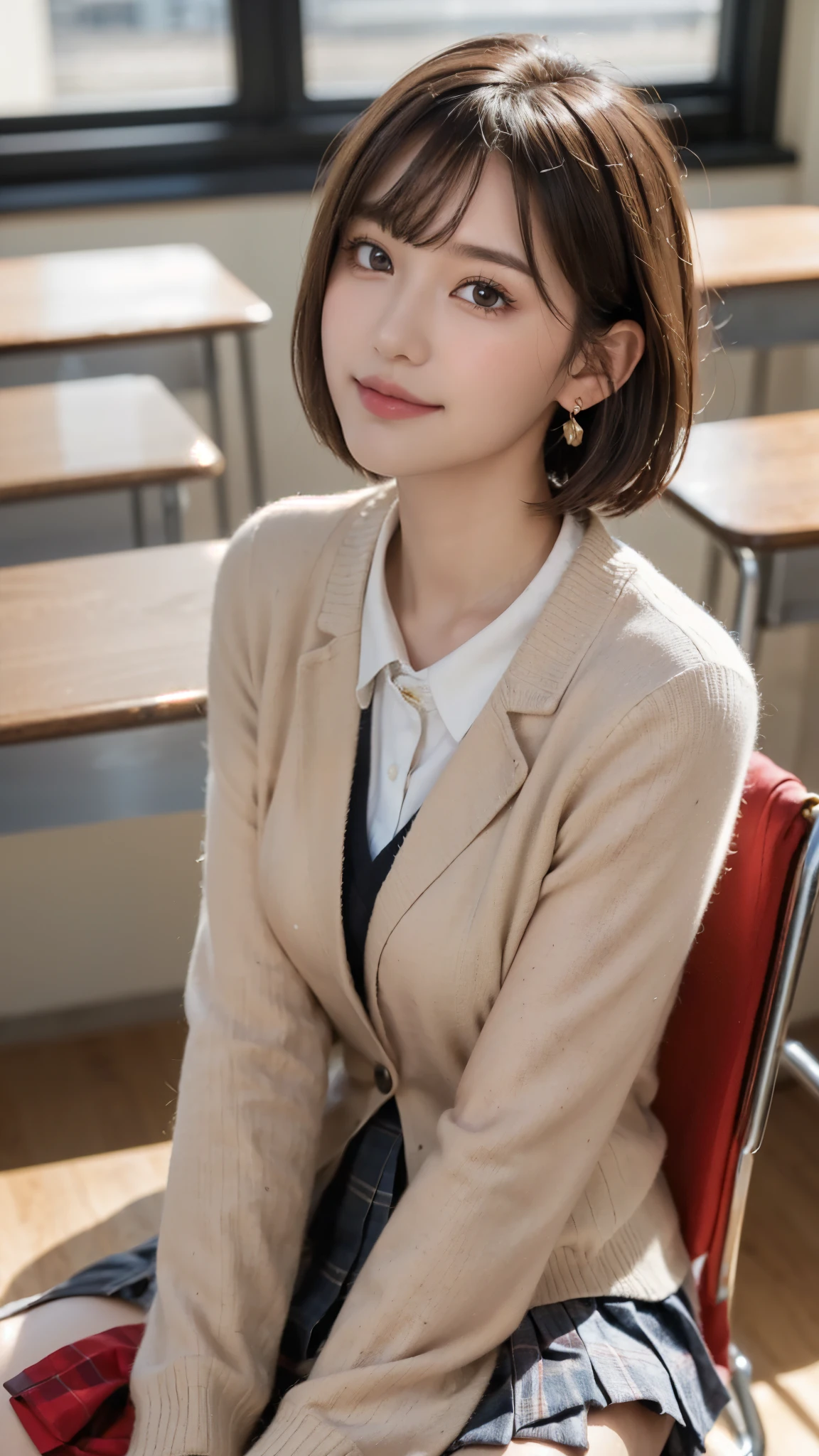 (A beautiful and cute high school girl in a school uniform is sitting in a chair in a high school classroom during lunch break, She is wearing a blazer and a plaid pleated skirt as her uniform, with a red ribbon accent around her collar:1.3), 
BREAK 
(Photorealistic, 32k, RAW photo, best quality:1.4), (masterpiece:1.3), (absurdres, attractive, ultra high resolution, ultra realistic, highly detailed, golden ratio, ultra detailed), 
BREAK 
1 beautiful woman, super fucking beautiful detailed face, natural makeup, intricate cloth texture, finely detailed hair texture, beautiful detailed full-body, perfect female form, accurate, Anatomically correct, Highly detailed face and skin texture, (beautiful elegant hands), (realistic skin), (beautiful pale skin:1.1), beautiful Breasts, 
(Perfect dynamic composition, looking at viewer, extreme close-up:1.3),
BREAK 
(School uniform, blazer & plaid pleated & red ribbon accent around her collar, detailed cloth texture), (Earrings), 
BREAK,
realistic eyes, beautiful detailed eyes, symmetric eyes, captivating detailed eyes, light brown eyes, double eyelids, thin eyebrows, (glossy lips:1.4), (kissable expression, blush:1.3), (beautiful smile:1.1), 
BREAK,
((short bob cut, dark brown hair, bangs:1.2)), (Daytime, classroom:1.3)