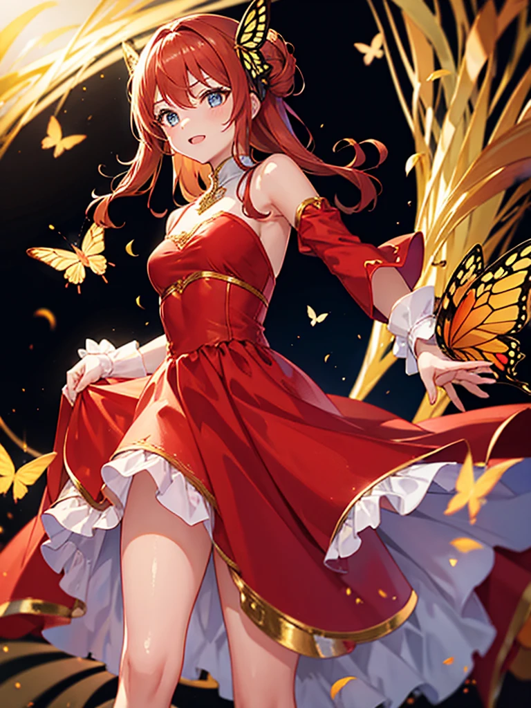 1girl, red painted nails, red lipstick, red hair, long hair, flowy hair, curly hair, flower hair pin, red eyes, small breasts, long red skirt, white under skirt, (pink fairy wings:1.4), shy expression, (masterpiece), castle background, detailed background, soft colors, dress covers legs,