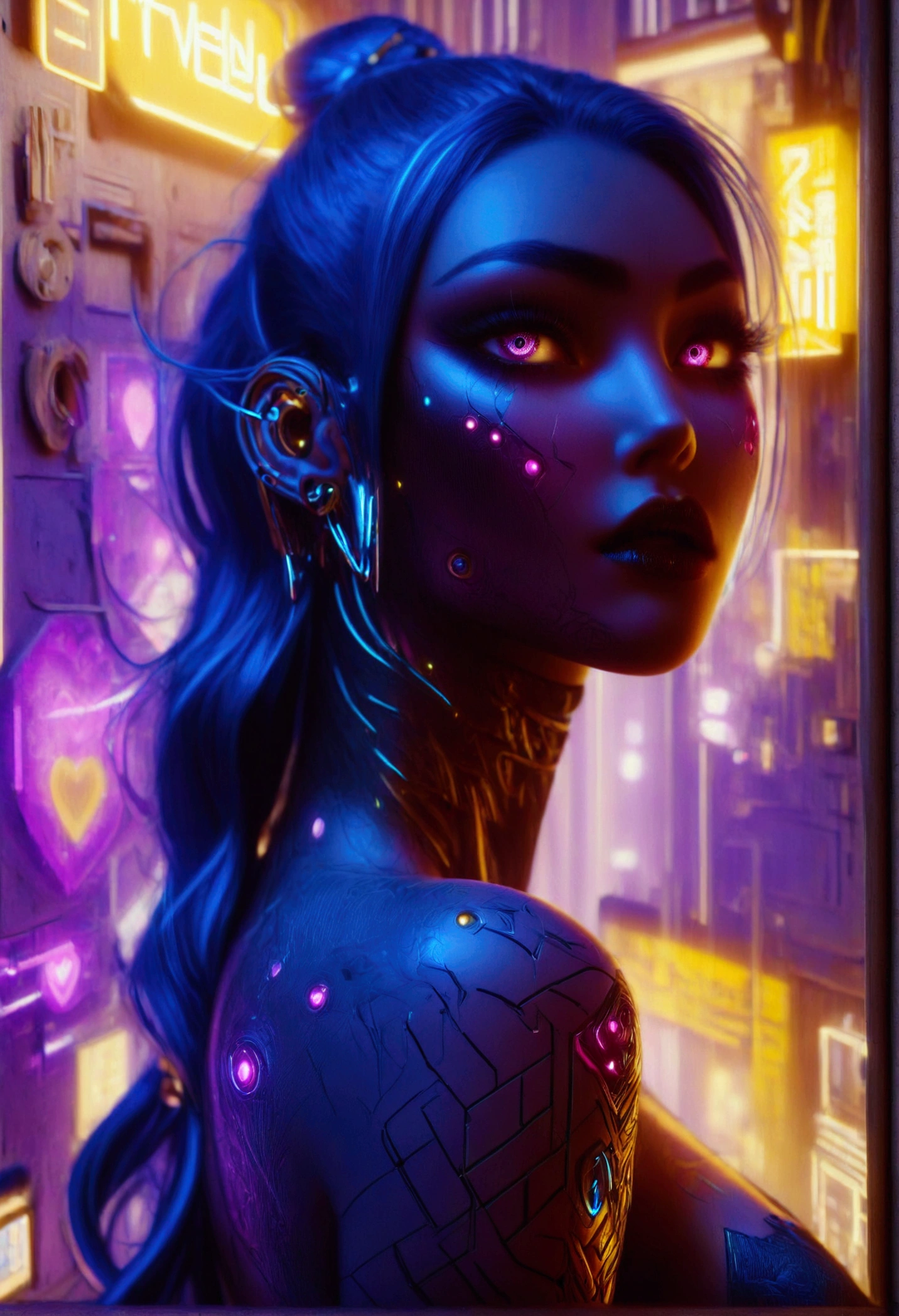 beautiful digital artwork, beautiful digital art, detailed beautiful face, 8k high quality oled detailed art, very beautiful digital art, digital art. highly detailed, beautiful detailed body, Create a hyper detailed photograph of a perfectly simetrical tattooed curved drop dead gorgeous cyberpunk 2077, Stunningly perfect gorgeous feminine face, bold, dramatic eyes, bold Eye Makeup, dramatic eyes, smudging layering and blending to dramatic, detailed vibrant neon glowing eyes, long hair, Focus on Skin A smooth even base is essential Makeup primers foundations and concealers Highlighting and Contouring to achieve a flawless canvas natural-looking, radiant glow, Gentle facial curves, Fuller cheek bones, Smaller and wider-set eyes, Less pronounced jawline, Symmetry perfection Proportion facial features, sexual curved heart shaped mouth, long beautiful tattooed legs, beautiful tattooed arms, perfect feminine curved body figure, detailed silky smooth skin, gigantic huge breasts, perfect heart shaped ass, beautiful long tattooed legs, Wearing cybernetics cyberpunk 2077 lingerie Jewels, fullbody view, showing complete body,