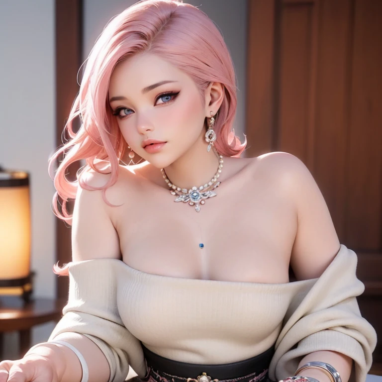 a beautiful detailed portrait of a pink-haired girl Sakura Haruno, wearing a black skirt, off-the-shoulder sweater, pearl earrings, and a wrist watch, beautiful detailed eyes, beautiful detailed lips, extremely detailed face and features, long eyelashes, full body closeup in living room, holding a bottle of sake, blushing face, cinematic lighting, shallow depth of field, intricate details, best quality, official art, artstation trending