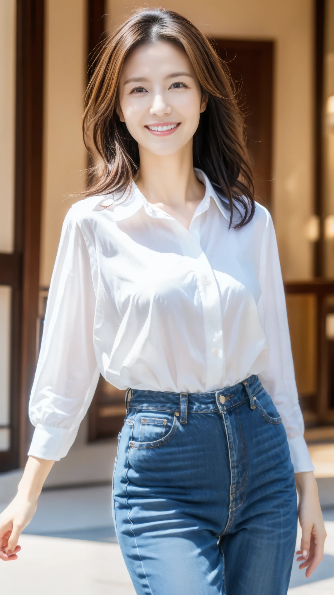 Highest quality,masterpiece,Ultra-high resolution,45Aged Japanese woman,The best smile,whole body,Skinny jeans,White shirt,pumps,Curly Hair