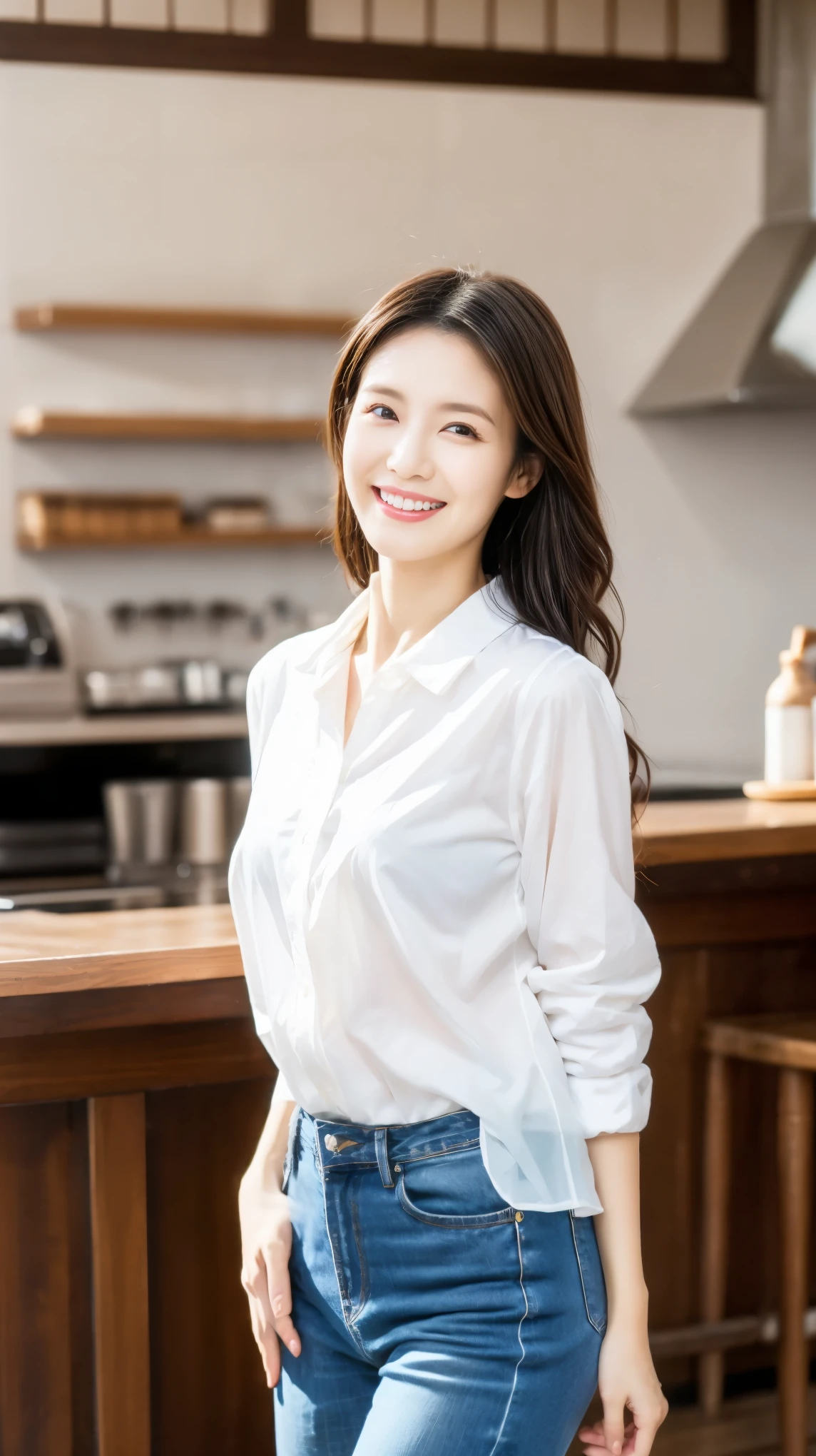Highest quality,masterpiece,Ultra-high resolution,45Aged Japanese woman,The best smile,whole body,Skinny jeans,White shirt,pumps,Curly Hair