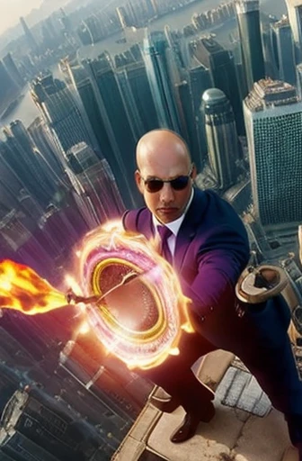 masterpiece, 1man, dark skin, business suit, sunny day, suits, standing on the edge of a skyscraper, bald, watching the city, magic circle, casting spells, mage, green magic, purple magic, power, wizard, protection, spell, battle, daytime, busy cityscape,  detailed background, high angle, hyper-realistic, high resolution, more details, Cinematic light, total body shot