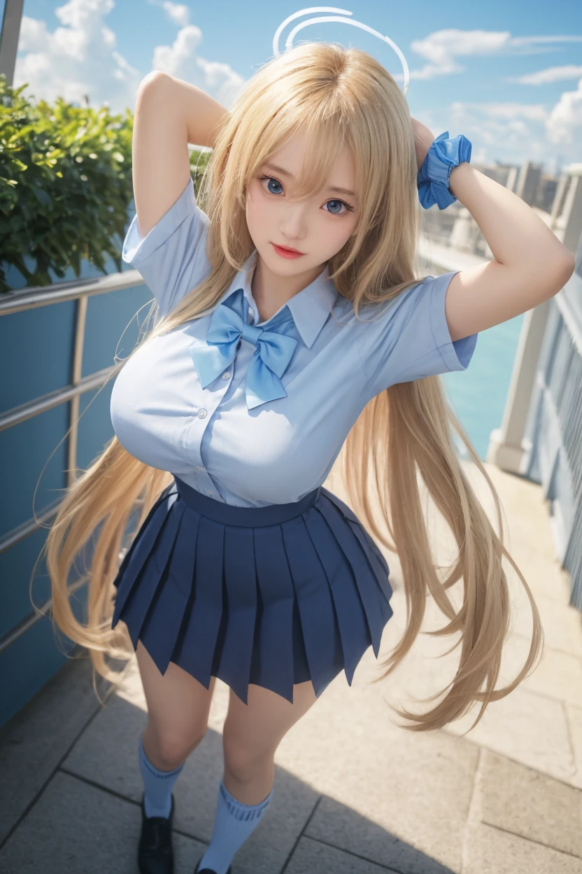 akizuki airi. oni chichi, masterpiece, best quality, super detailed, illustration, flat color, depth of field,
1 girl, young, blue eyes, anime, standing, street, snow, wind, full-length, blonde, twintails, looking at the viewer, red pleated miniskirt, wet white button-down shirt, school uniform, serafuku, blue tie, no bra, black tights, small backpack, detailed skin texture, detailed fabric texture, beautiful detailed face, big breasts, pregnant, smile