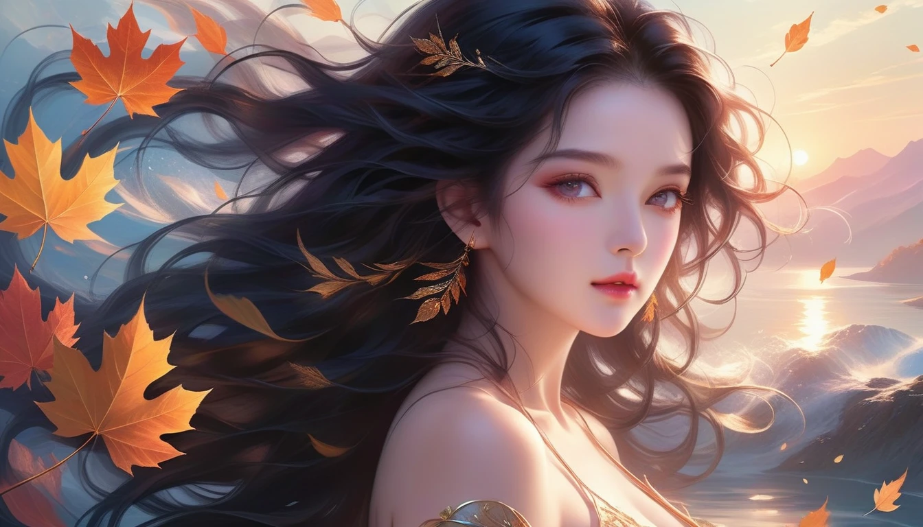 A Masterpiece In 32K Resolution, Supreme Quality, Super Detail, Official Art, Very High-Resolution 32K Wallpaper, Exquisite And Aesthetic, Ultra-Detailed Features, Awe-Inspiring Detail. A Mystical Landscape With (Falling Leaves), (Intricate Wind Patterns), And Skin With A Soft, Velvet Sheen (Highlight Her Ample Breasts). A Character With A Mysterious Expression, Flowing Black Hair, Slightly Tousled But Majestic, And Golden Eyes That Seem To Pierce Through The Soul. Her Features Are Delicate And Alluring, Lit By (Warm Sunset Glow). (Beautifully Detailed Beauty), With Subtle Shifts In Expression, Surrounded By An Otherworldly Aura. The Reflections On The Water Echo The Fine Details Of The Surroundings, With A (Timeless Face) Captured To Perfection. This Is An Ultra-Detailed Painting Of A Strikingly Delicate Figure, Showcasing An Ethereal Charm That Captivates The Viewer.