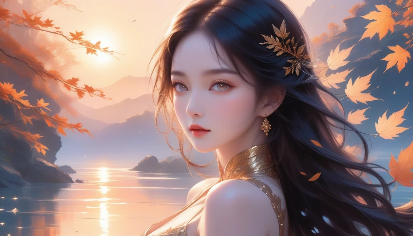 A Masterpiece In 32K Resolution, Supreme Quality, Super Detail, Official Art, Very High-Resolution 32K Wallpaper, Exquisite And Aesthetic, Ultra-Detailed Features, Awe-Inspiring Detail. A Mystical Landscape With (Falling Leaves), (Intricate Wind Patterns), And Skin With A Soft, Velvet Sheen (Highlight Her Ample Breasts). A Character With A Mysterious Expression, Flowing Black Hair, Slightly Tousled But Majestic, And Golden Eyes That Seem To Pierce Through The Soul. Her Features Are Delicate And Alluring, Lit By (Warm Sunset Glow). (Beautifully Detailed Beauty), With Subtle Shifts In Expression, Surrounded By An Otherworldly Aura. The Reflections On The Water Echo The Fine Details Of The Surroundings, With A (Timeless Face) Captured To Perfection. This Is An Ultra-Detailed Painting Of A Strikingly Delicate Figure, Showcasing An Ethereal Charm That Captivates The Viewer.