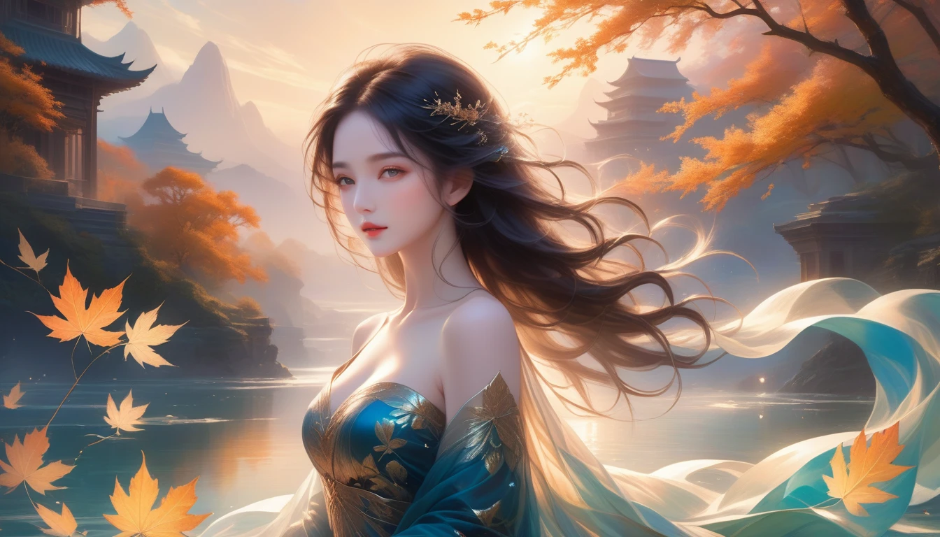 A Masterpiece In 32K Resolution, Supreme Quality, Super Detail, Official Art, Very High-Resolution 32K Wallpaper, Exquisite And Aesthetic, Ultra-Detailed Features, Awe-Inspiring Detail. A Mystical Landscape With (Falling Leaves), (Intricate Wind Patterns), And Skin With A Soft, Velvet Sheen (Highlight Her Ample Breasts). A Character With A Mysterious Expression, Flowing Black Hair, Slightly Tousled But Majestic, And Golden Eyes That Seem To Pierce Through The Soul. Her Features Are Delicate And Alluring, Lit By (Warm Sunset Glow). (Beautifully Detailed Beauty), With Subtle Shifts In Expression, Surrounded By An Otherworldly Aura. The Reflections On The Water Echo The Fine Details Of The Surroundings, With A (Timeless Face) Captured To Perfection. This Is An Ultra-Detailed Painting Of A Strikingly Delicate Figure, Showcasing An Ethereal Charm That Captivates The Viewer.