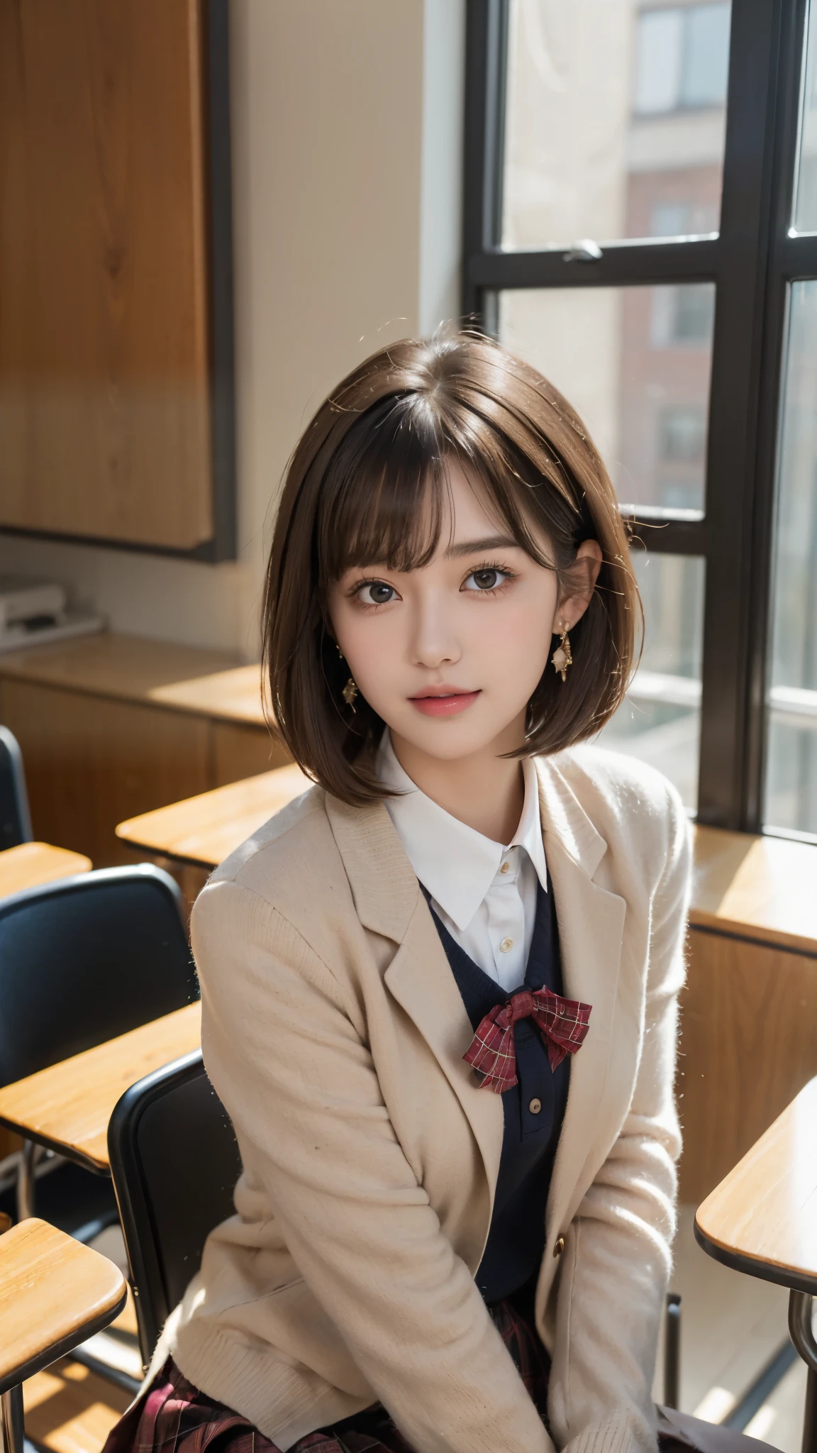 (A beautiful and cute high school girl in a school uniform is in a high school classroom during lunch break, She is wearing a blazer and a plaid pleated skirt as her uniform, with a red ribbon accent around her collar:1.3), 
BREAK 
(Photorealistic, 32k, RAW photo, best quality:1.4), (masterpiece:1.3), (absurdres, attractive, ultra high resolution, ultra realistic, highly detailed, golden ratio, ultra detailed), 
BREAK 
1 beautiful woman, super fucking beautiful detailed face, natural makeup, intricate cloth texture, finely detailed hair texture, beautiful detailed full-body, perfect female form, accurate, Anatomically correct, Highly detailed face and skin texture, (beautiful elegant hands), (realistic skin), (beautiful pale skin:1.1), beautiful Breasts, 
(Perfect dynamic composition, looking at viewer, extreme close-up:1.3),
BREAK 
(School uniform, blazer & plaid pleated & red ribbon accent around her collar, detailed cloth texture), (Earrings), 
BREAK,
realistic eyes, beautiful detailed eyes, symmetric eyes, captivating detailed eyes, light brown eyes, double eyelids, thin eyebrows, (glossy lips:1.4), (kissable expression, blush:1.3), (beautiful smile:1.1), 
BREAK,
((short bob cut, dark brown hair, bangs:1.2)), (Daytime, classroom:1.3)