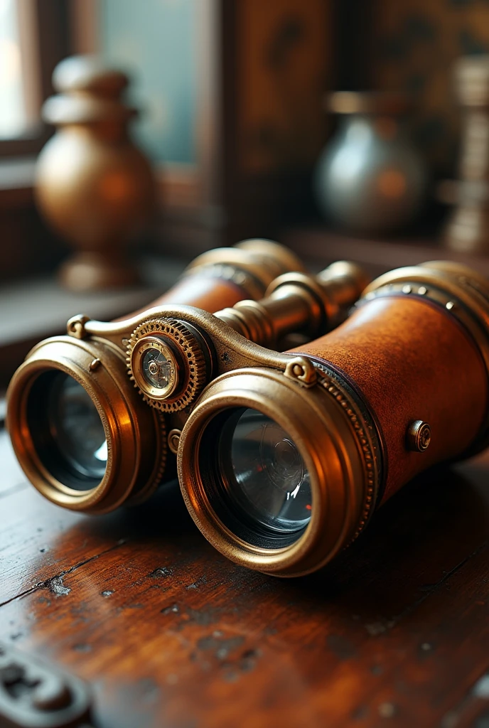 a steampunk binocular, detailed leather texture, shiny lenses, highly detailed, realistic, stunning, intricate gears, brass accents, clockwork mechanisms, Victorian era, antique, aged appearance, warm lighting, depth of field, photorealistic, cinematic lighting