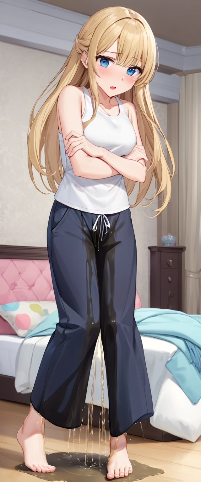 (masterpiece, best quality:1.2), 1girl, sitting in a bed, platinum blonde, long hair, horny, black pajamini skirt, sexy pose, open legs, Thigh high leggings, feet