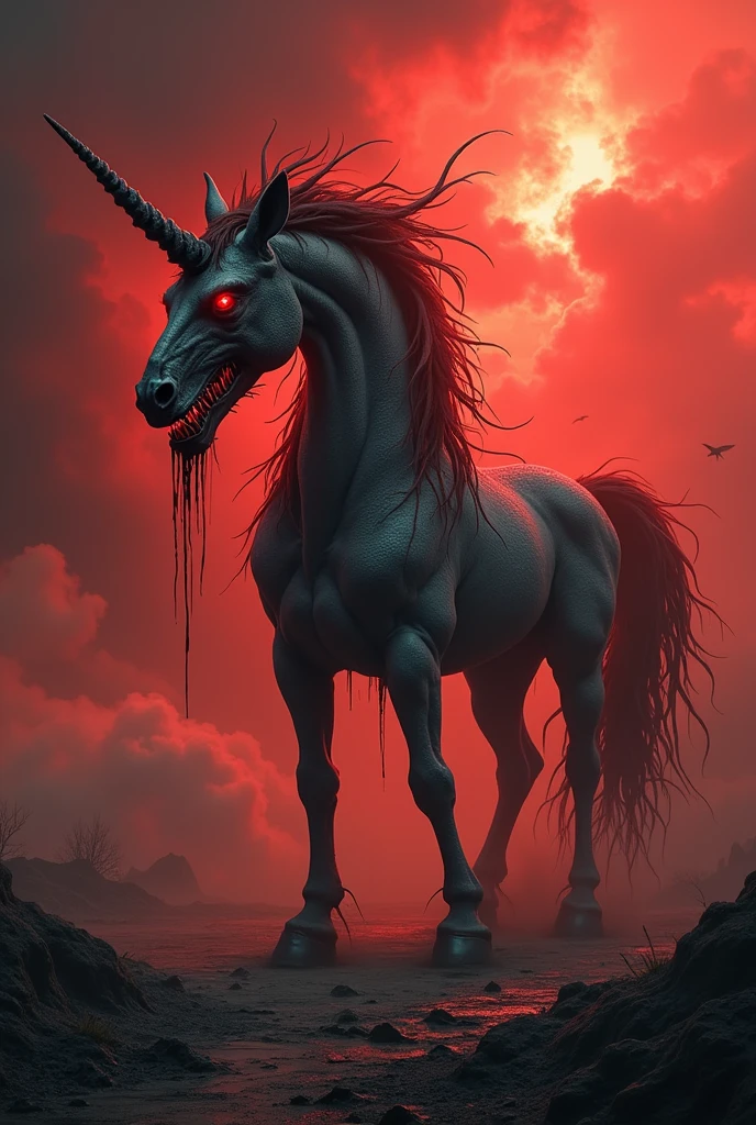 The image with a not so colorful night landscape and the moon illuminating a colorful unicorn with bloody red eyes and large fangs eating a human