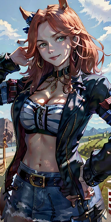 (masterpiece, Best Quality:1.4), looking at the viewer, cowboy shot, affected smile, malty melromarc, Red hair, by the wide, green eyes, exposed cleavage, big breasts, big breasts, hair ornament, earrings, jewelry,  withe short, blue jens, separate sleeves, breastplate, purple skirt, belt, outdoor, big breasts, huge breasts, giant breasts