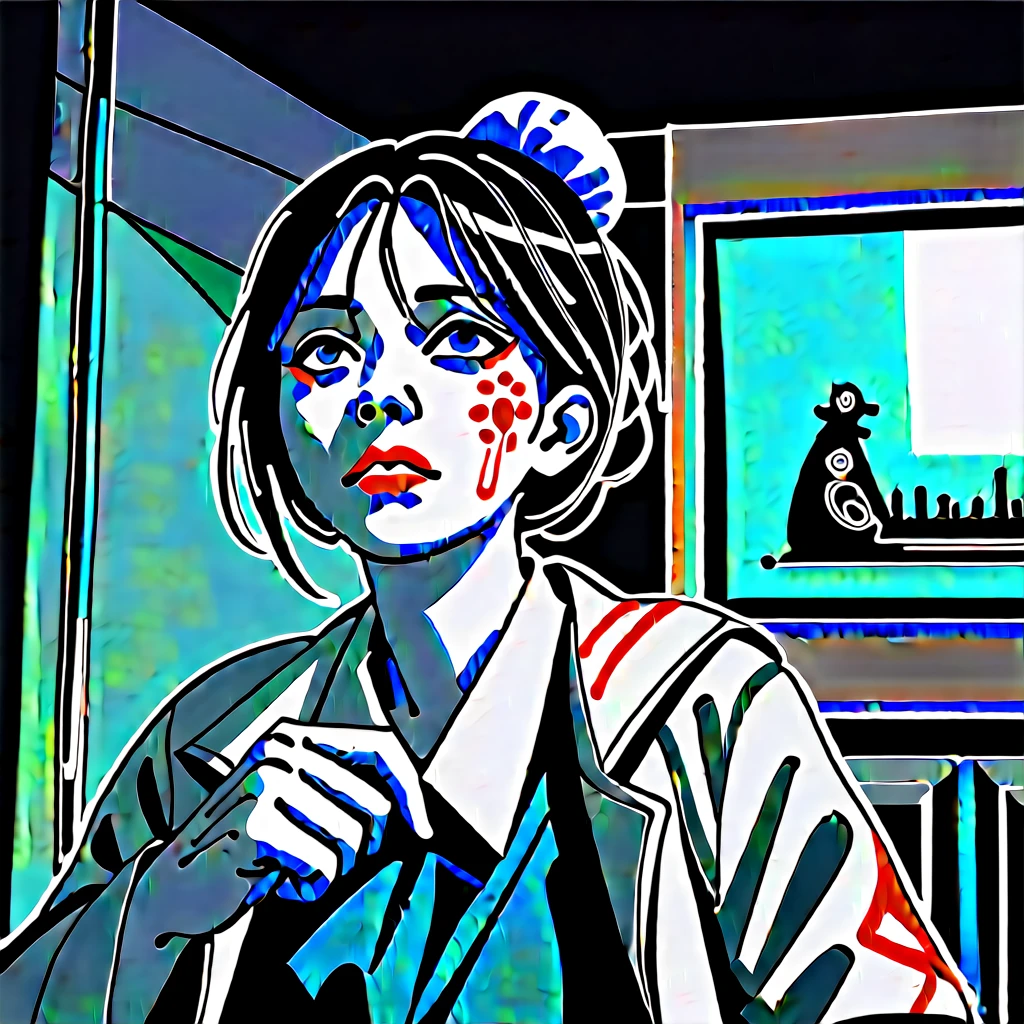 1girl, perplexed face, expressive blue eyes, black hair bun , she uses a flashlight, dressed in a trench coat, inside an old japanese house at night, a monster watches her from afar, there are blood stains and fog in background, detail richness, masterpiece, best quality, horror atmosphere, Fumiya Sumio style, Spirit Hunter Death Mark style , Low angle photo