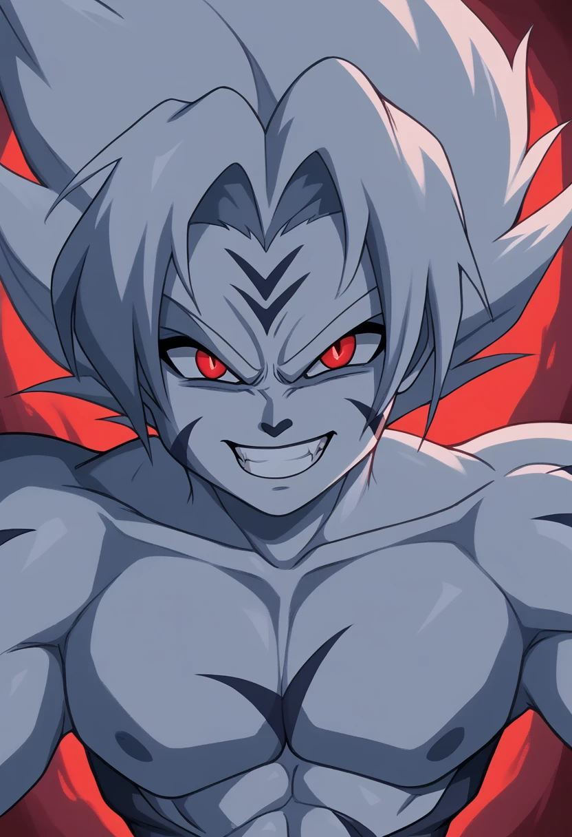 Highest quality,Based on anatomy,Huge muscles,Vegeta and Kogenta (onmyou taisenki)Mix with,Devil's Body,Sexually attractive gestures,((Shiny skin,Glowing Skin,The moment the demon takes over your body,Enormous wings and horns growing,A look filled with evil intent)),Grin,majin body,majin face,