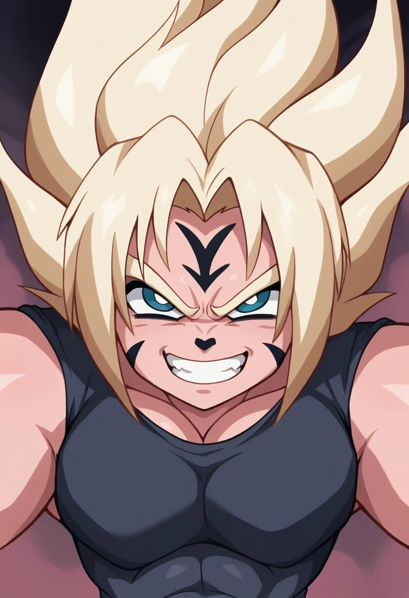 Highest quality,Based on anatomy,Huge muscles,Vegeta and Kogenta (onmyou taisenki)Mix with,Devil's Body,Sexually attractive gestures,((Shiny skin,Glowing Skin,The moment the demon takes over your body,Enormous wings and horns growing,A look filled with evil intent)),Grin,majin body,majin face,