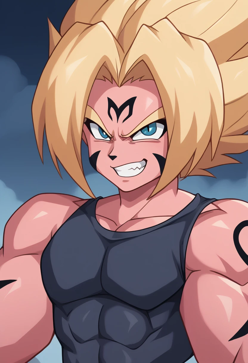 Highest quality,Based on anatomy,Huge muscles,Vegeta and Kogenta (onmyou taisenki)Mix with,Devil's Body,Sexually attractive gestures,((Shiny skin,Glowing Skin,The moment the demon takes over your body,Enormous wings and horns growing,A look filled with evil intent)),Grin,majin body,majin face,