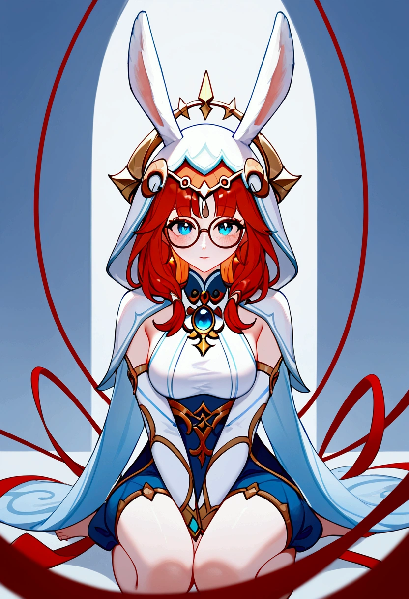 score_9, score_8_up, score_7_up, Aurora (league of legends), 1 girl, blue eyes, round glasses, freckles, bunny ears, red hair, sexy, full body, dressed as Nilou (Genshin Impact), squinted eyes, earrings, long eyelashes, sexy, big bust, beautiful face,