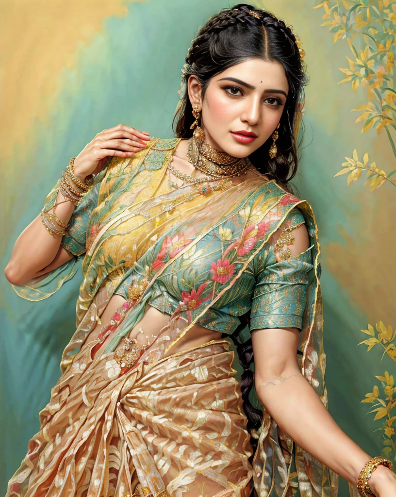 Masterpiece,8k uhd, hdr, realistic, hyper realistic, intricate, vibrant colour, painting of a woman in a yellow sari, beautiful navel, Indian sensibility, stunning beauty, Saree queen, traditional beauty, beautiful navel, 19th century art, high quality painting, beautiful details, longest braided traditional indian hair , braided hair on shoulders with flowers, jasmine on head, traditional beauty, inspired by Raja Ravi Varma, indian art, by Raja Ravi Varma, painting of beautiful, inspired by T. K. Padmini, painting of a woman, by Sardar Sobha Singh, gorgeous woman, oil on canvas painting, traditional painting, oil-painting