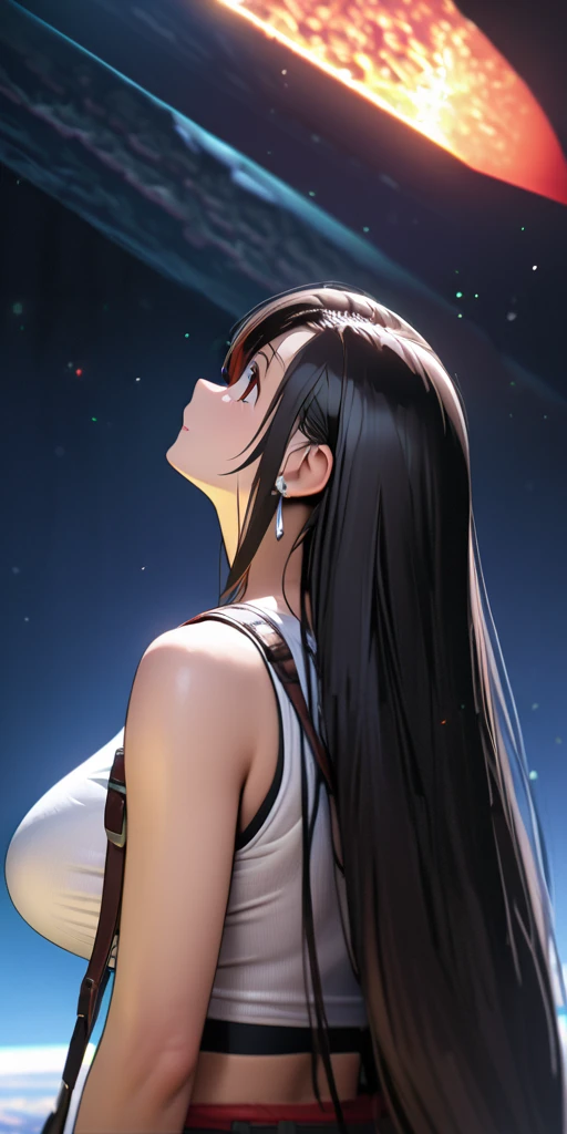 (((((Tifa Lockhart,Final Fantasy 7:1.5))))),((Highest quality、masterpiece、anime style、best quality、high resolution、8k、detailed、ultra-detailed:1.3))、Long legs:1.2, Beautiful woman with perfect figure:1.4、(Smiling:1.2), double eyelid、30-year-old female、((((One Woman,upper body:1.5)))),Big Breasts、High resolution, accurate, Anatomically correct, High-resolution model, high quality, Very detailed, Ultra high definition、Black Hair、Straight Hair、Long Hair、(((A super giant comet in the night sky、Rear view、Looking up at the sky:1.3)))