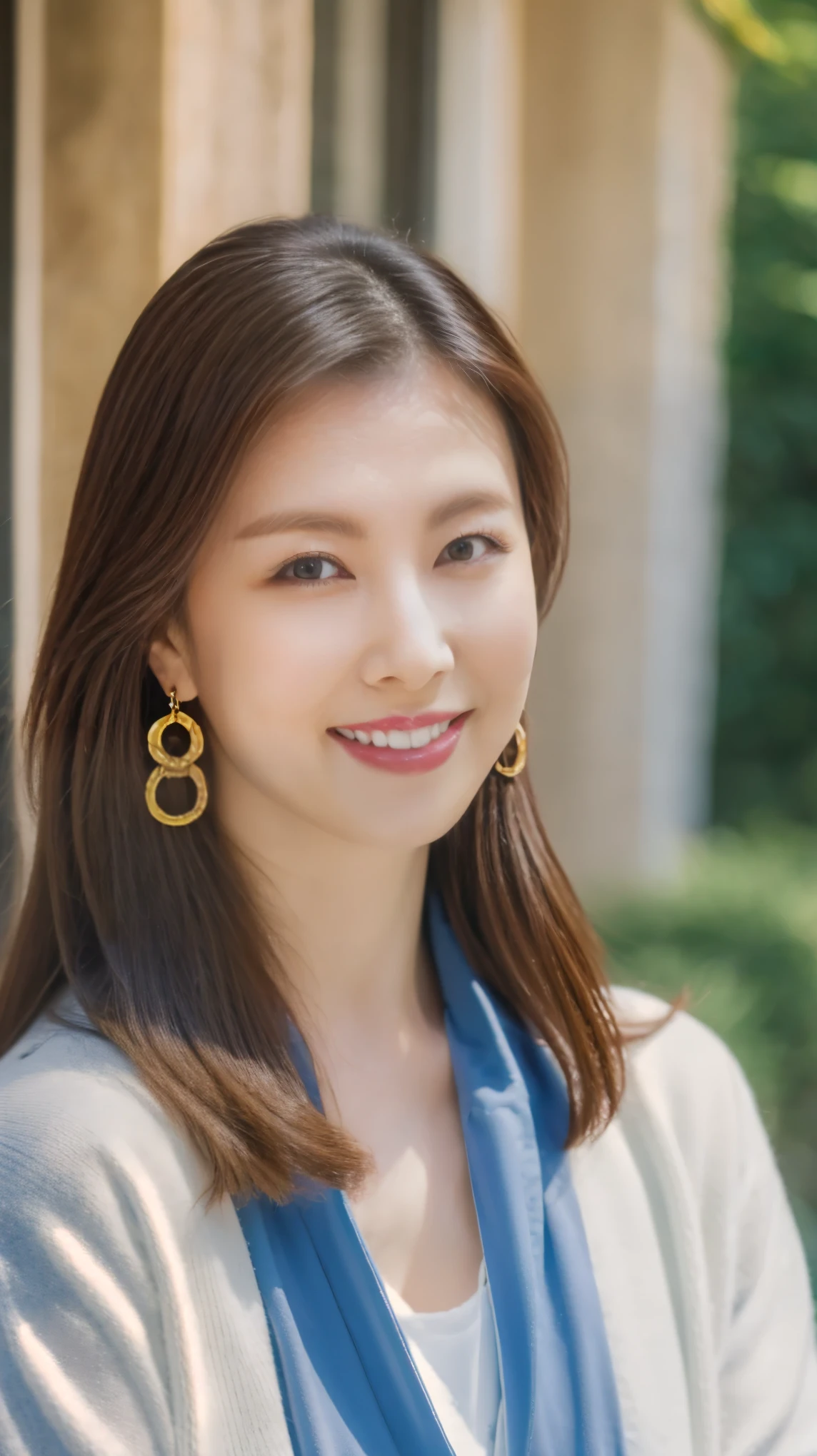 Highest quality,masterpiece,Ultra-high resolution,45Japan Talented Woman,beautiful,The best smile,whole body,Blue Cardigan,White pants,big ring earrings,