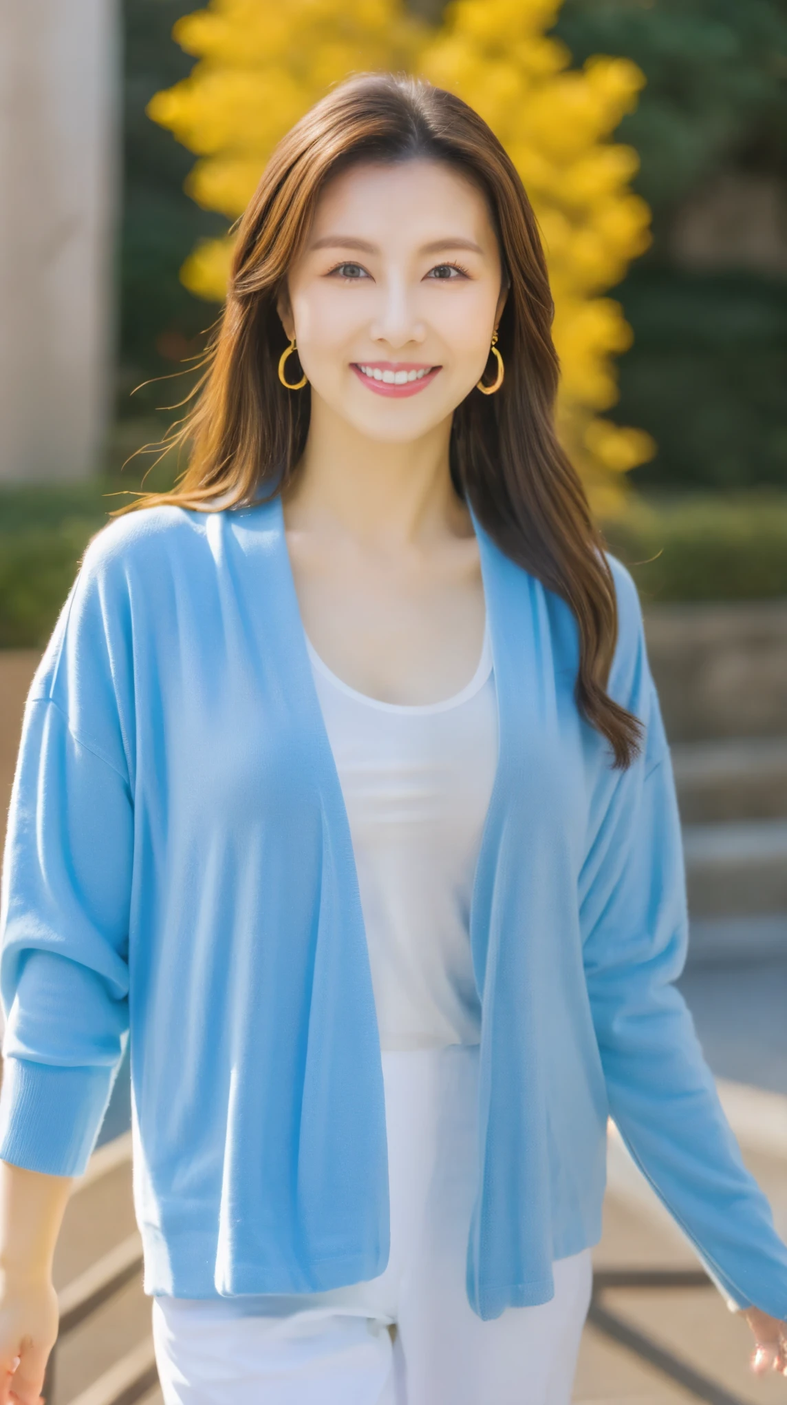 Highest quality,masterpiece,Ultra-high resolution,４５Japan Talented Woman，beautiful，The best smile，whole body，Blue Cardigan，White pants，big ring earrings，