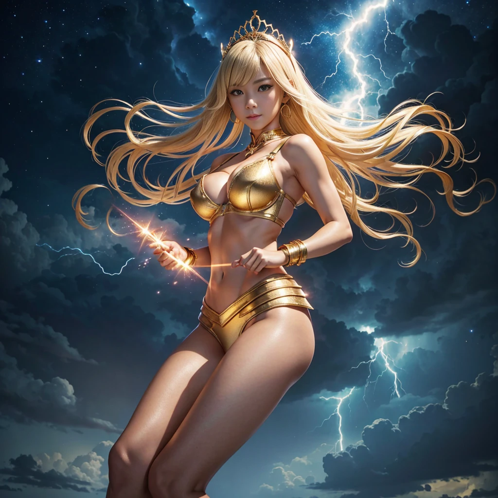 Creating a sun goddess named Akari, inspired by the mythological figure of Amaterasu, could be an intriguing character concept. Here’s how you might develop her for an anime, drawing inspiration from the Japanese sun goddess:

### Character Profile: Akari, the Sun Goddess

#### Appearance

- **Physical Features**:
  - Akari has radiant, golden hair that shines like sunlight, cascading down in waves.
  - Her eyes are a warm, luminous amber, reflecting the brilliance of the sun.
  - She exudes an aura of divine beauty and grace, with features that convey both strength and gentleness.

- **Attire**:
  - She wears flowing robes adorned with intricate designs that depict celestial motifs and sun symbols.
  - Accessories such as a golden tiara or jewelry crafted with sunstones further emphasize her divine status.

#### Personality

- **Divine Grace**:
  - Akari embodies warmth and benevolence, mirroring the nurturing aspects of the sun.
  - She is wise and compassionate, often portrayed as a protector and guide to those in need.

- **Strength and Resilience**:
  - Like Amaterasu, Akari possesses inner strength and resilience, capable of overcoming challenges and adversities.
  - Her presence brings hope and vitality, symbolizing the renewal and life-giving qualities of the sun.

#### Powers and Abilities

- **Solar Manipulation**:
  - Akari can harness the power of the sun, channeling intense rays of light for both offensive and defensive purposes.
  - She can create barriers of blinding light or unleash beams of concentrated solar energy against adversaries.

- **Healing and Restoration**:
  - As a goddess associated with the sun, Akari has the ability to heal wounds and purify corruption with her gentle touch.
  - Her presence brings renewal and revitalization to the land and its inhabitants.

#### Backstory

- **Origin Story**:
  - Akari emerged from the heart of a celestial realm, where she was revered as the embodiment of the sun's divine essence.
  - Legends speak o