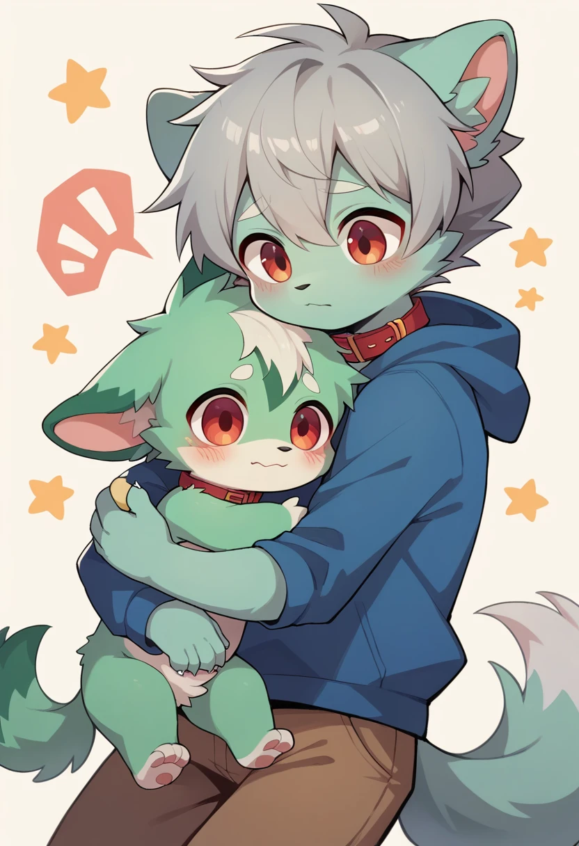 Cute dog with green fur、Shy boy with white hair