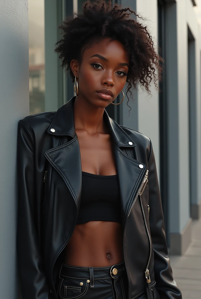 Very beautiful African girl 18 years old curly short hair in full body street outfit looking sensually with stunning eyes in a position ,mignon dans une tenue sport sexy de marque nike et une chaussure sport noir egalement