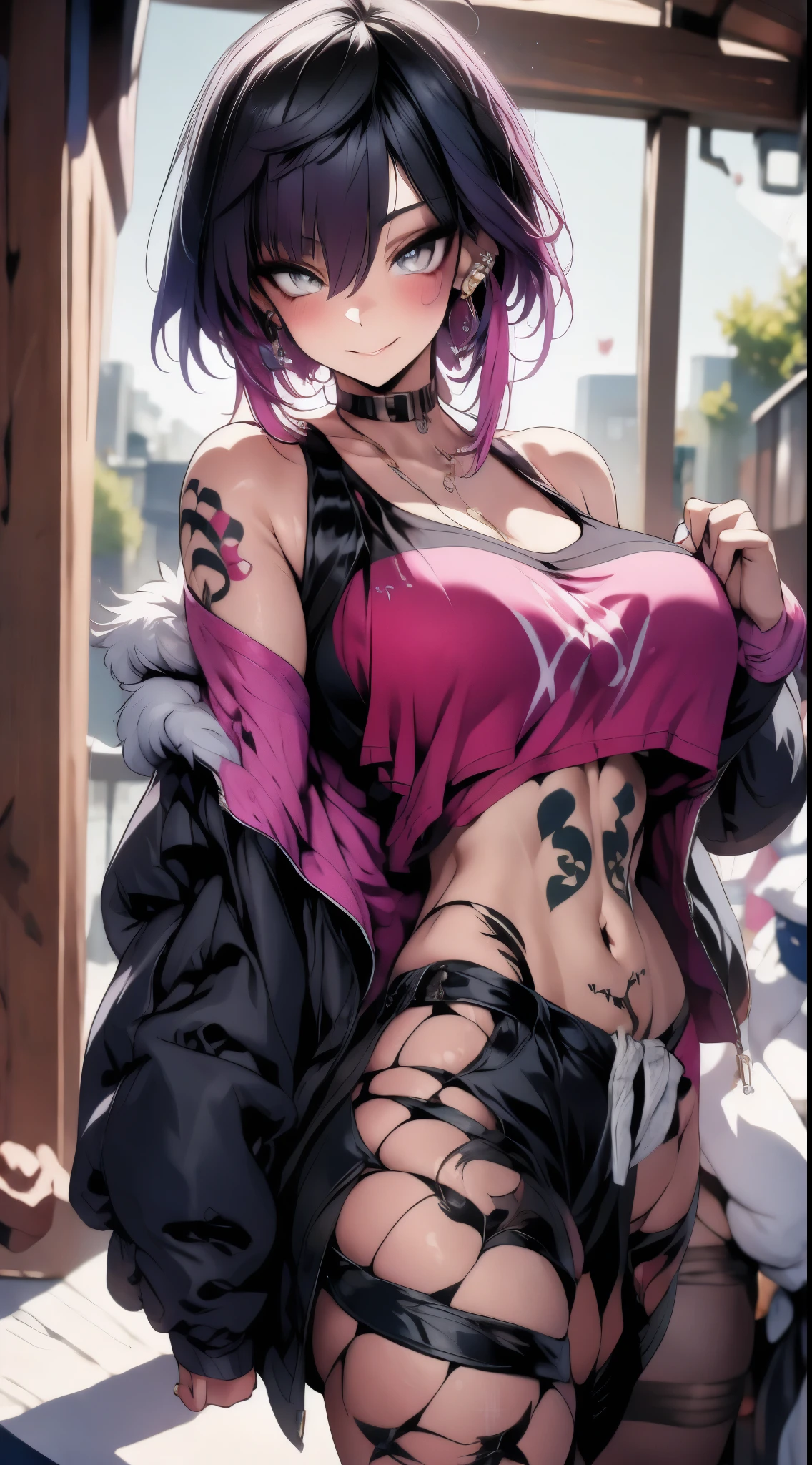 masterpiece, Best Quality, pixiv, cool girl, many piercings, earrings, tattoos, black fur, pink dip dyed hair, grey eyes
