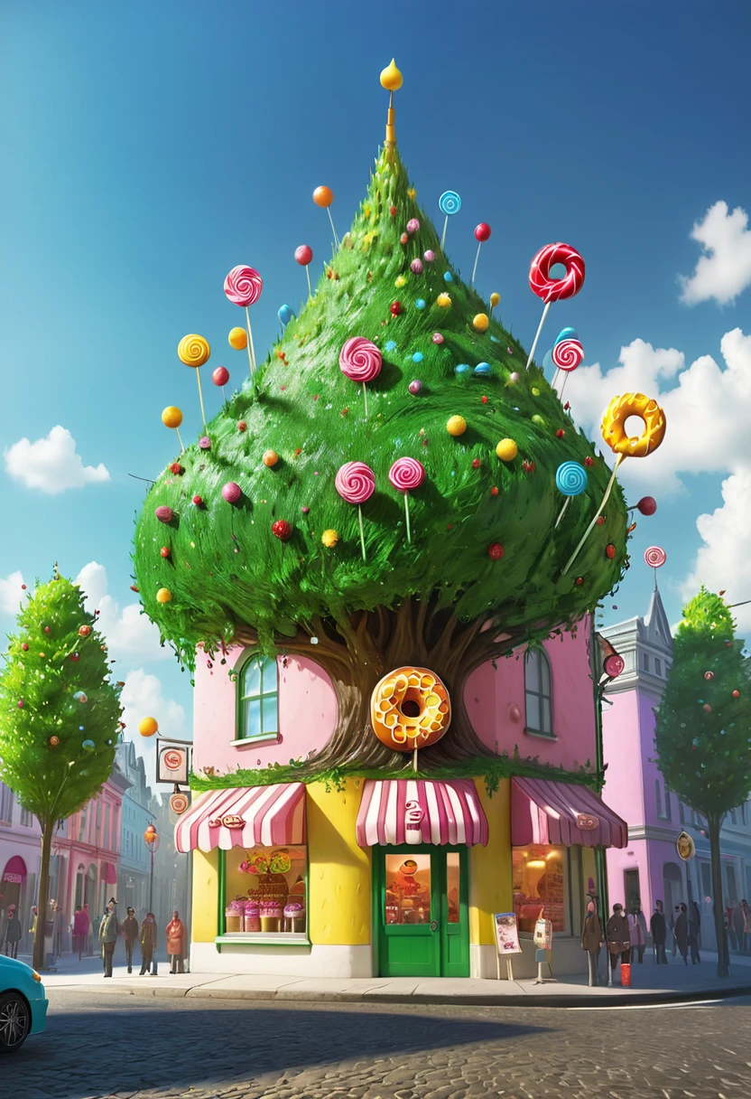 general shot: 1.5, ((city of sweet cake and candy buildings: 1.7)), (( candies, tree-shaped lollipops, donut-shaped sun, beautiful candy colors: 1.6)), ultra-realistic, photorealistic CG K : 1.4, skin texture: 1.4, masterpiece: 1.4, ((hyper detailed, epic, beautiful, creative and imaginative image: 1.6)), 8k.