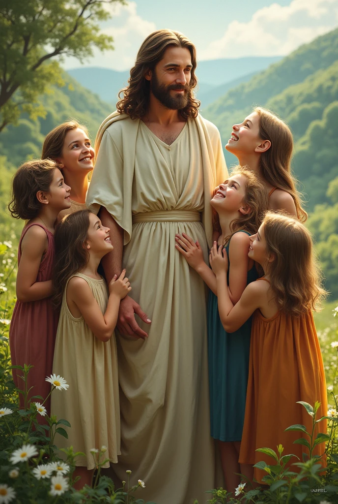 Smiling Jesus hugging two large families together with their pets in a forest full of flowers