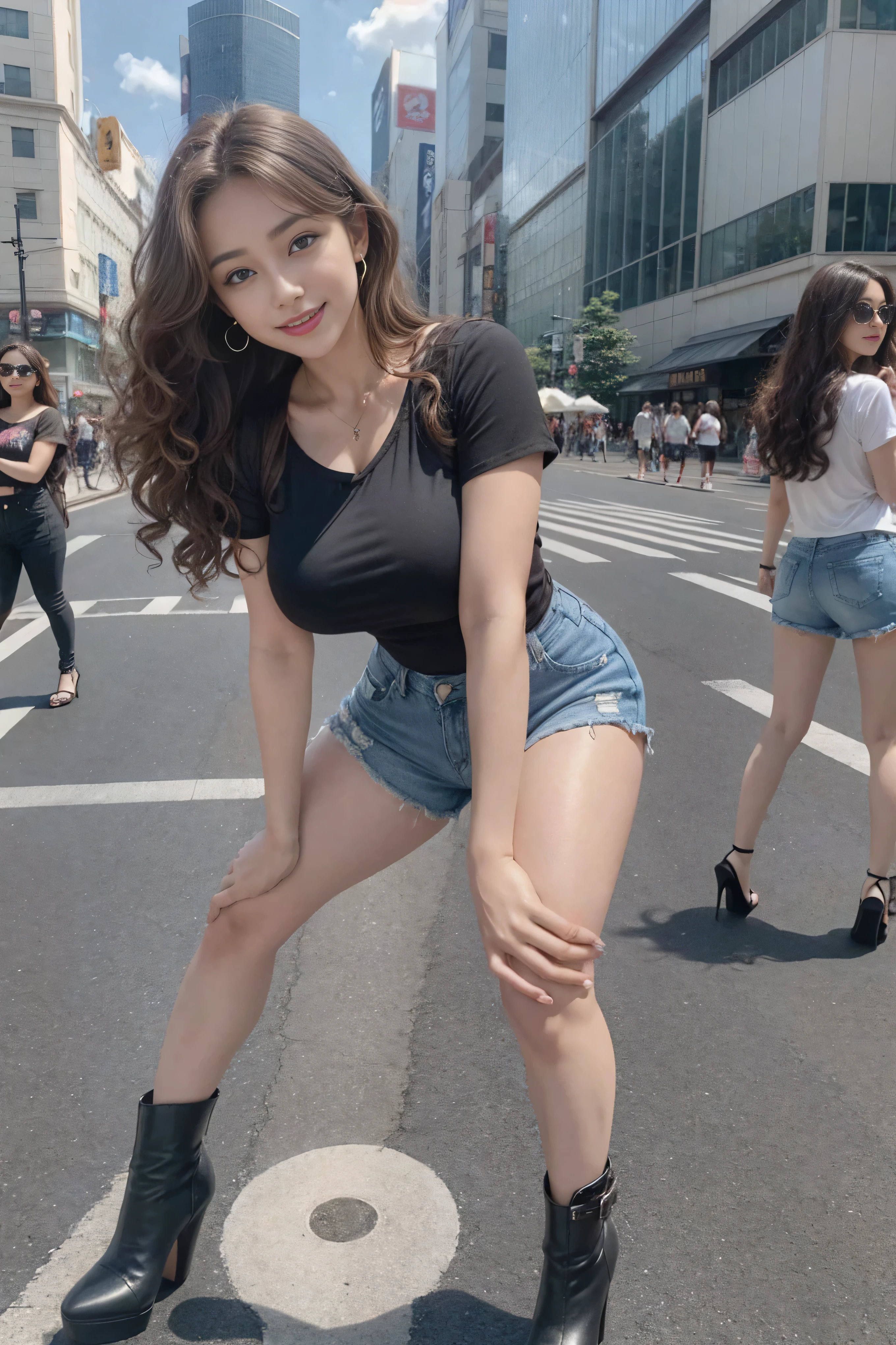 Downhill skateboarding, highway, action photoshoot, 1girl, teen, asian, (Thick body:0.5), (Sexy outfit:1.4), (hotpants:1.3) (Dynamic skateboarding pose:1.3), skateboarding on the highway, knee guard, fishnet legging,