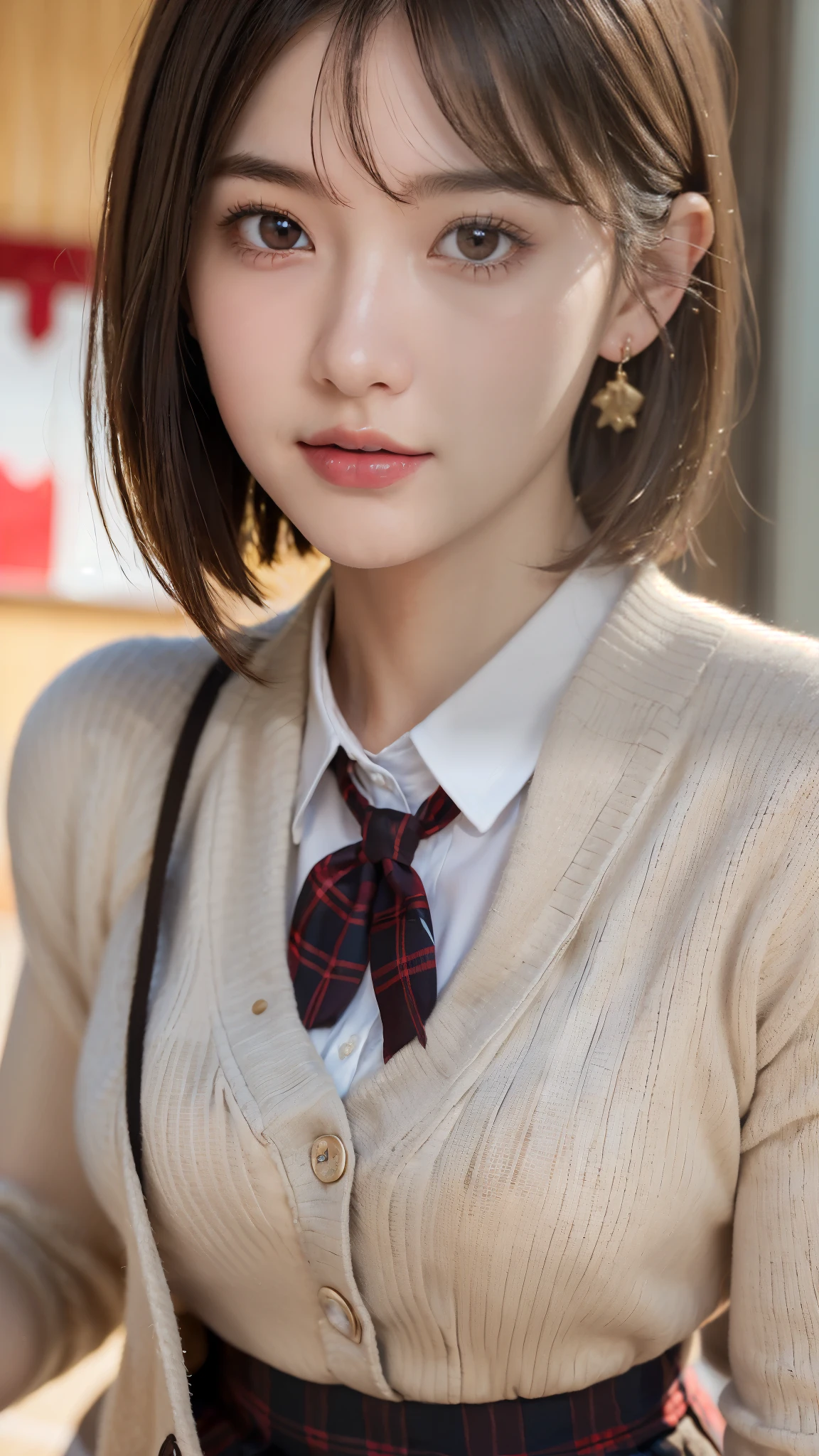 (A beautiful and cute high school girl in a school uniform is in a high school classroom during lunch break, She is wearing a blazer and a plaid pleated skirt as her uniform, with a red ribbon accent around her collar:1.3),
BREAK
(Photorealistic, 32k, RAW photo, best quality:1.4), (masterpiece:1.3), (absurdres, attractive, ultra high resolution, ultra realistic, highly detailed, golden ratio, ultra detailed),
BREAK
1 beautiful woman, super fucking beautiful detailed face, natural makeup, intricate cloth texture, finely detailed hair texture, beautiful detailed full-body, perfect female form, accurate, Anatomically correct, Highly detailed face and skin texture, (beautiful elegant hands), (realistic skin), (beautiful pale skin:1.1), beautiful Breasts,
(Perfect dynamic composition, looking at viewer, extreme close-up:1.8),
BREAK
(School uniform, blazer & plaid pleated & red ribbon accent around her collar, detailed cloth texture), (Earrings),
BREAK,
realistic eyes, beautiful detailed eyes, symmetric eyes, captivating detailed eyes, light brown eyes, double eyelids, thin eyebrows, (glossy lips:1.4), (kissable expression, blush:1.3), (beautiful smile:1.1),
BREAK,
((short bob cut, dark brown hair, bangs:1.2)), (Daytime, classroom:1.3)