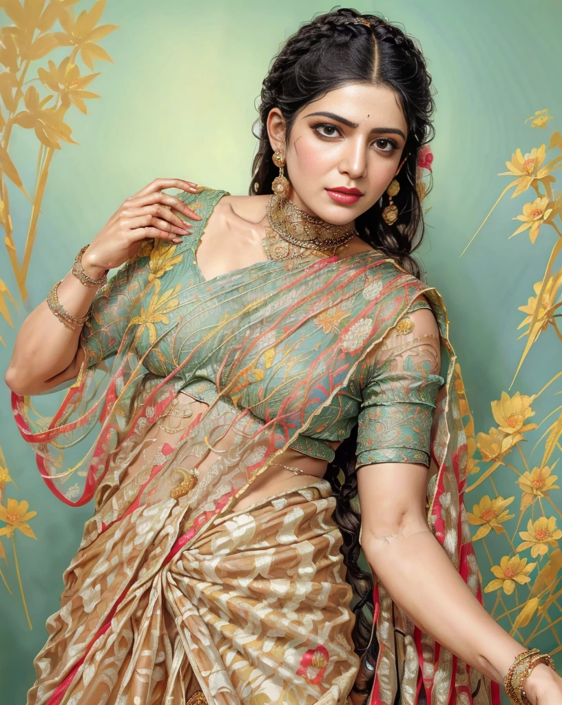 Masterpiece,8k uhd, hdr, realistic, hyper realistic, intricate, vibrant colour, painting of a woman in a yellow sari, beautiful navel, Indian sensibility, stunning beauty, Saree queen, traditional beauty, beautiful navel, 19th century art, high quality painting, beautiful details, longest braided traditional indian hair , braided hair on shoulders with flowers, jasmine on head, traditional beauty, inspired by Raja Ravi Varma, indian art, by Raja Ravi Varma, painting of beautiful, inspired by T. K. Padmini, painting of a woman, by Sardar Sobha Singh, gorgeous woman, oil on canvas painting, traditional painting, oil-painting