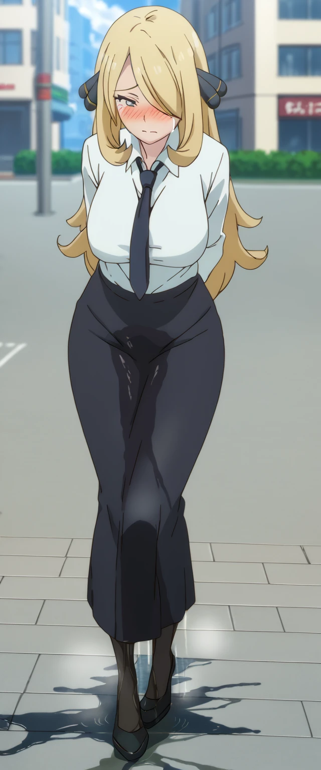 (masterpiece:1.37), best quality, (extremely detailed:1.37), (1girl:1.5), woman, (mature:1.5), (adult:1.5), cynthia, blonde hair, jeans, (extremely detailed eyes:1.37), (wetting self:2.0), desperation, standing, embarrassed, humiliation, blushing, angry, cherry blossoms, garden, (golden hour:1.5), full body