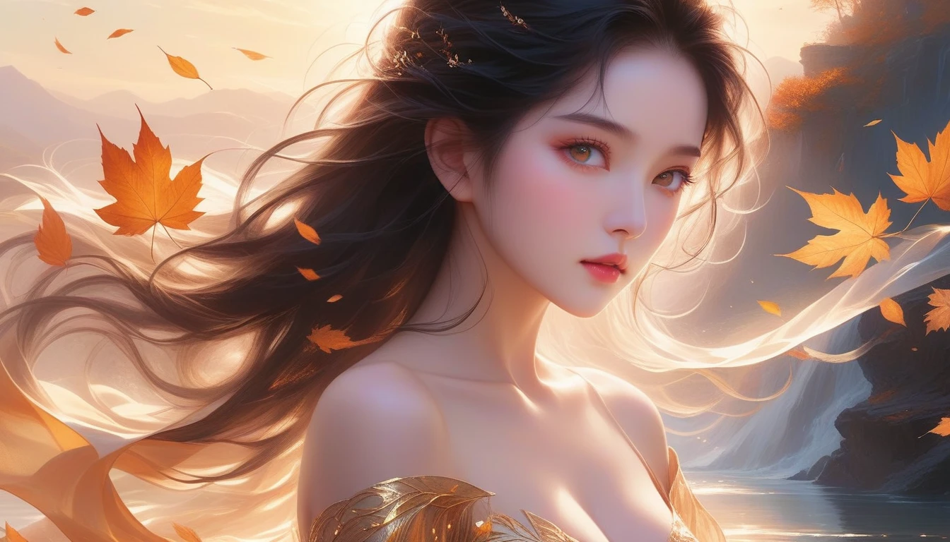 A Masterpiece In 32K Resolution, Supreme Quality, Super Detail, Official Art, Very High-Resolution 32K Wallpaper, Exquisite And Aesthetic, Ultra-Detailed Features, Awe-Inspiring Detail. A Mystical Landscape With (Falling Leaves), (Intricate Wind Patterns), And Skin With A Soft, Velvet Sheen (Highlight Her Ample Breasts). A Character With A Mysterious Expression, Flowing Black Hair, Slightly Tousled But Majestic, And Golden Eyes That Seem To Pierce Through The Soul. Her Features Are Delicate And Alluring, Lit By (Warm Sunset Glow). (Beautifully Detailed Beauty), With Subtle Shifts In Expression, Surrounded By An Otherworldly Aura. The Reflections On The Water Echo The Fine Details Of The Surroundings, With A (Timeless Face) Captured To Perfection. This Is An Ultra-Detailed Painting Of A Strikingly Delicate Figure, Showcasing An Ethereal Charm That Captivates The Viewer.