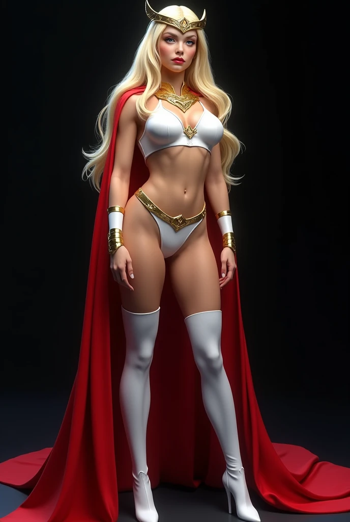 A SEXY LARGE BREASTED YOUNG BLONDE SHE RA WITH BLUE EYES WEARING A WHITE V SHE-RA BLOUSE WITH A SHE-RA EMBLEM ON THE HER CHEST, SHE-RA TIARA, A PAIR OF RED LEATHER SHORTS WITH A WHITE LEATHER BELT, TALL WHITE HEELED BOOTS, AND A LONG PINK CAPE. FULL SHE-RA GEAR AND ARMOR, PHOTO REALISTIC, HYPER DETAILED AND TEXTURES