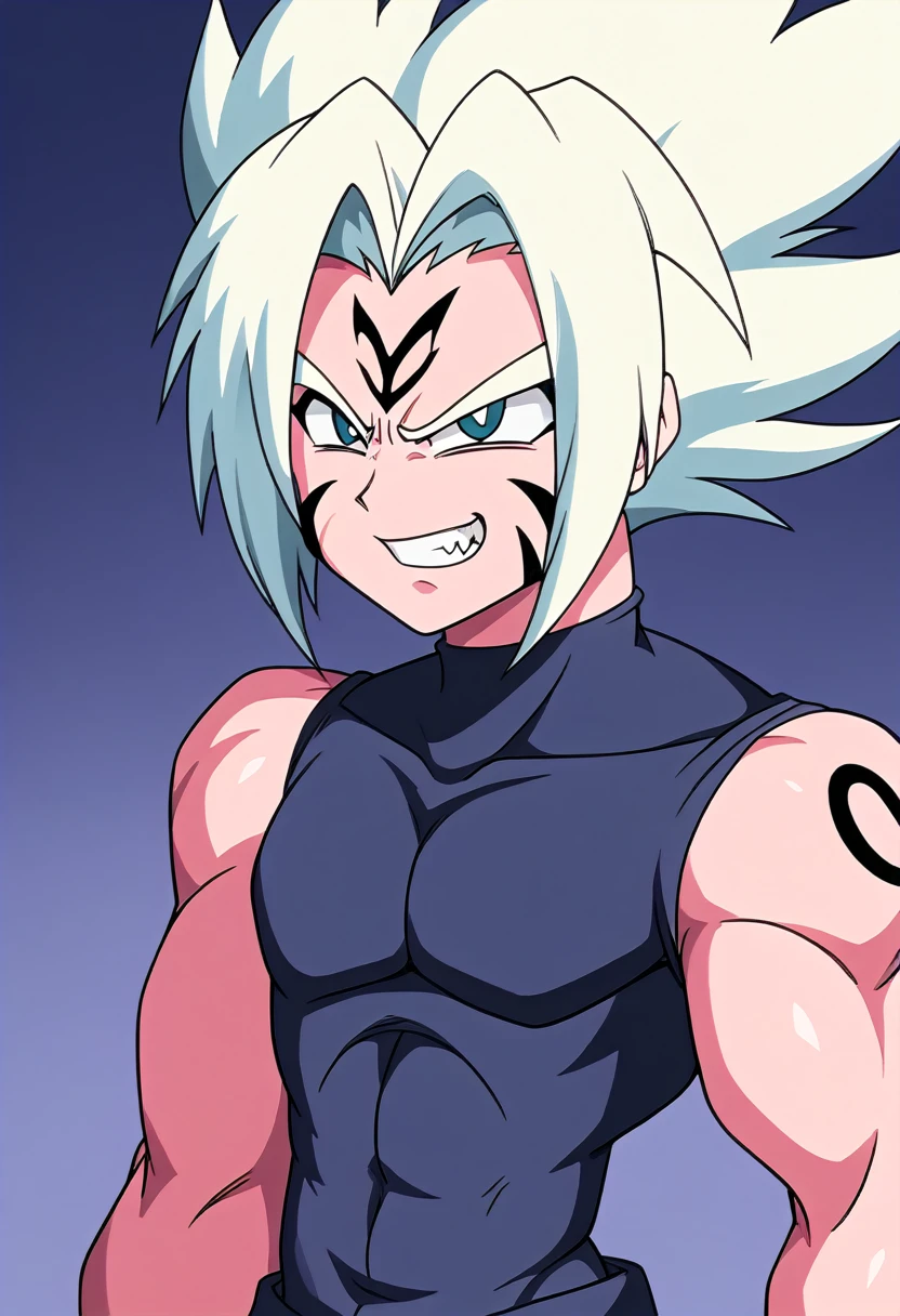 Highest quality,Based on anatomy,Huge muscles,Vegeta and Kogenta (onmyou taisenki)Mix with,Devil's Body,Sexually attractive gestures,((Shiny skin,Glowing Skin,The moment the demon takes over your body,Enormous wings and horns growing,A look filled with evil intent)),Grin,majin body,majin face,Zoom out,