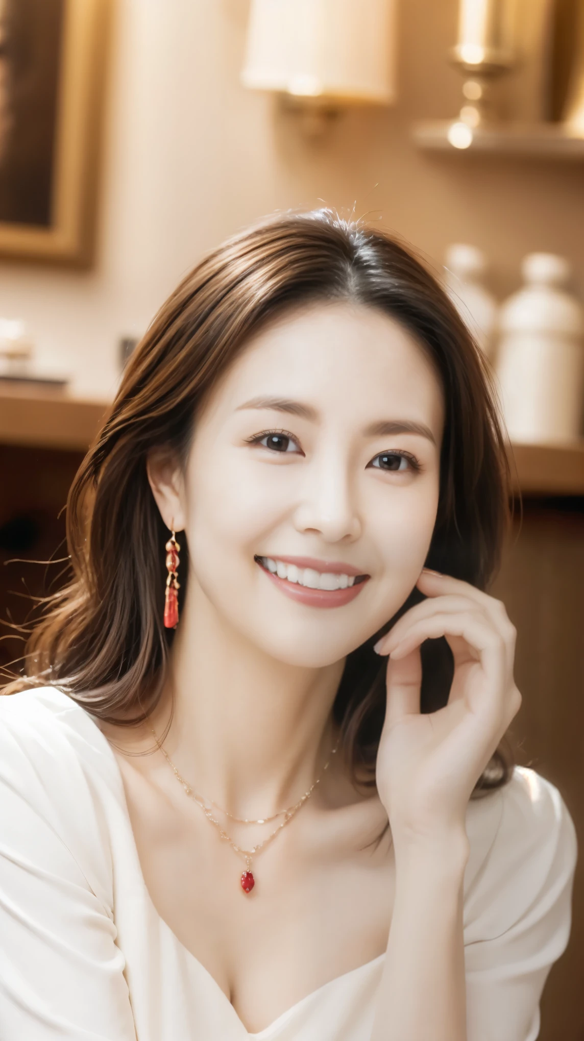 Highest quality,masterpiece,Ultra-high resolution,45Aged Japanese woman,The best smile,whole body,Bright Red Dress,High heels,Curly Hair,big ring earrings,Gorgeous Necklace,