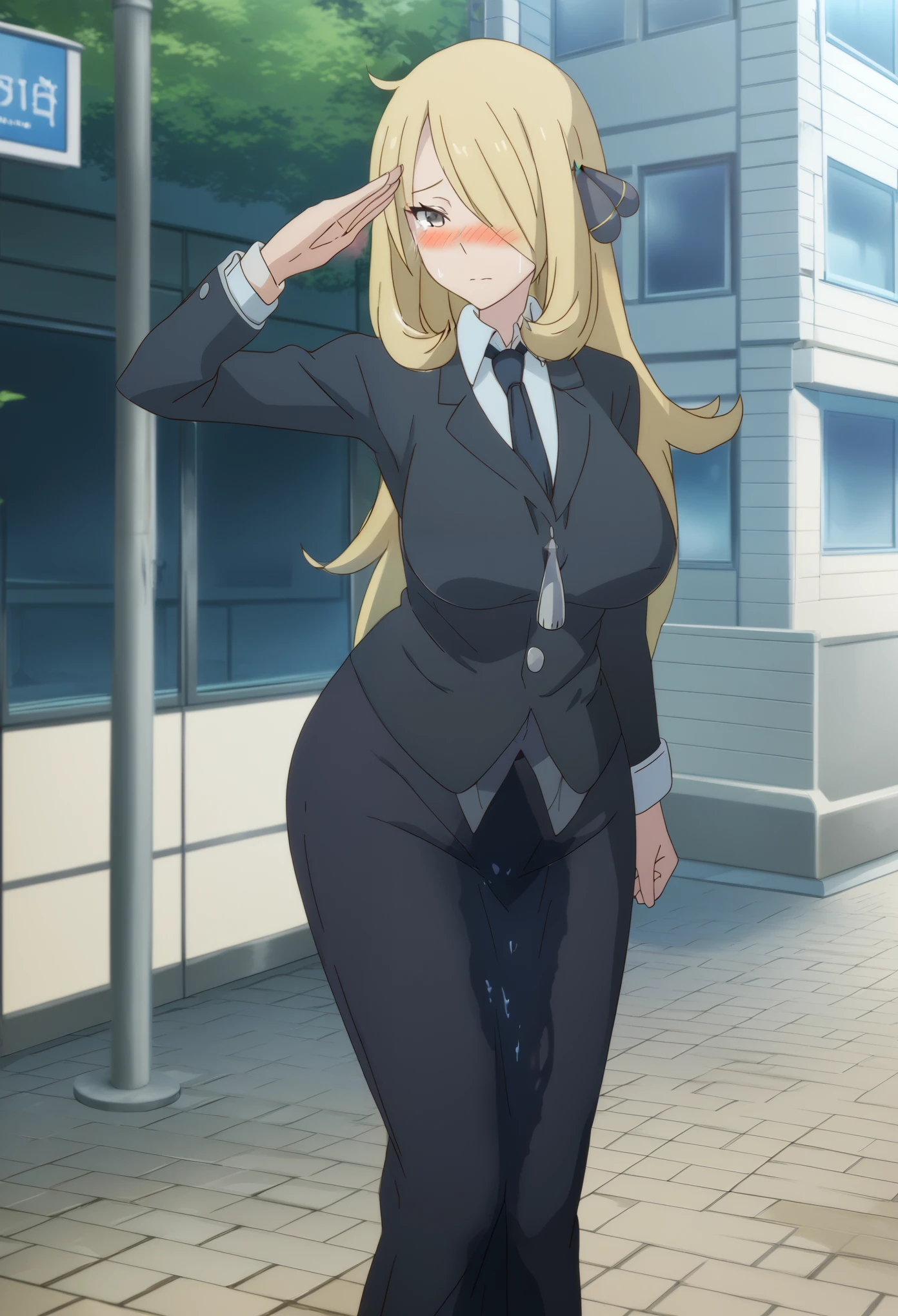 (high quality,Very detailed:1.37, High resolution), 2d, anime, anime style, anime source, Woman, Cynthia \(Pokemon\), business suit, necktie, (long skirt:1.25), (pencil skirt:1.5), pantyhose, huge breasts, cleavage, looking at viewer, masterpiece, best quality, (wetting self:1.5), desperation, embarrassed, humiliation, (blushing:2.0), standing, (salute:1.5), city