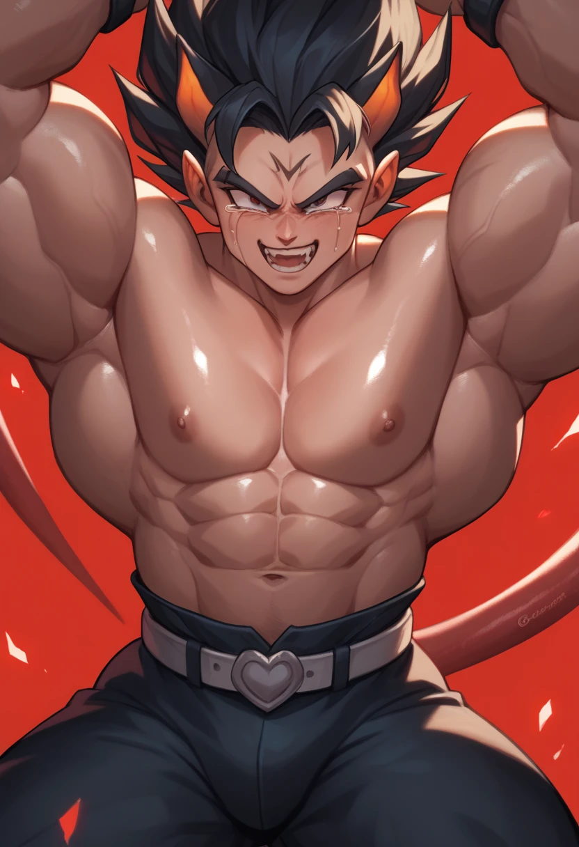 Highest quality,Based on anatomy,Huge muscles,A mix of Vegeta and Kogenta,Devil's Body,Sexually attractive gestures,Shiny skin,Glowing Skin,Being possessed by the devil,Tears,I see the shadow of a black devil entering my body,Evil Heart,Spread your arms wide and let out a roar