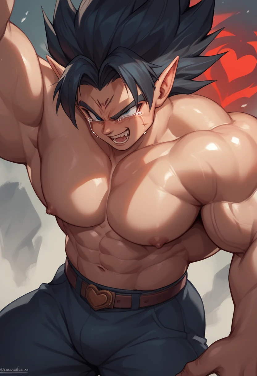 Highest quality,Based on anatomy,Huge muscles,A mix of Vegeta and Kogenta,Devil's Body,Sexually attractive gestures,Shiny skin,Glowing Skin,Being possessed by the devil,Tears,I see the shadow of a black devil entering my body,Evil Heart,Spread your arms wide and let out a roar