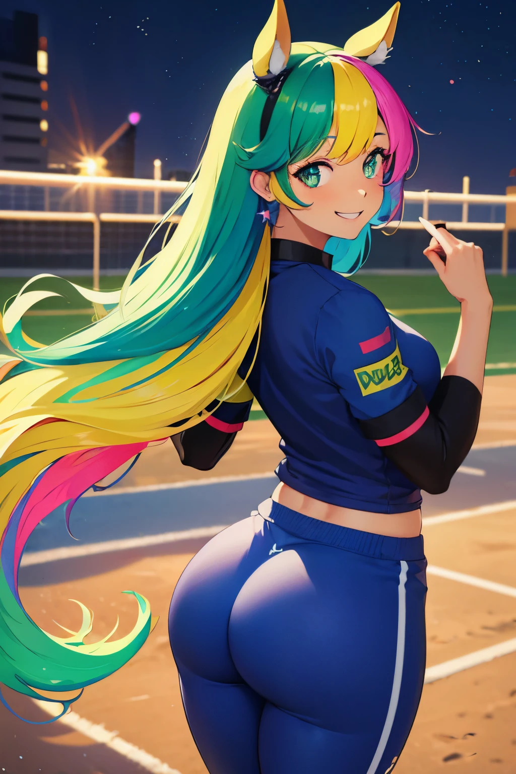 (highres:1.2),solo,girl with bunny ears,smiling,back turned to the viewer,big butt,Slacks,sporty clothing,soccer field,diamond,multicolored hair,multicolored eyes.