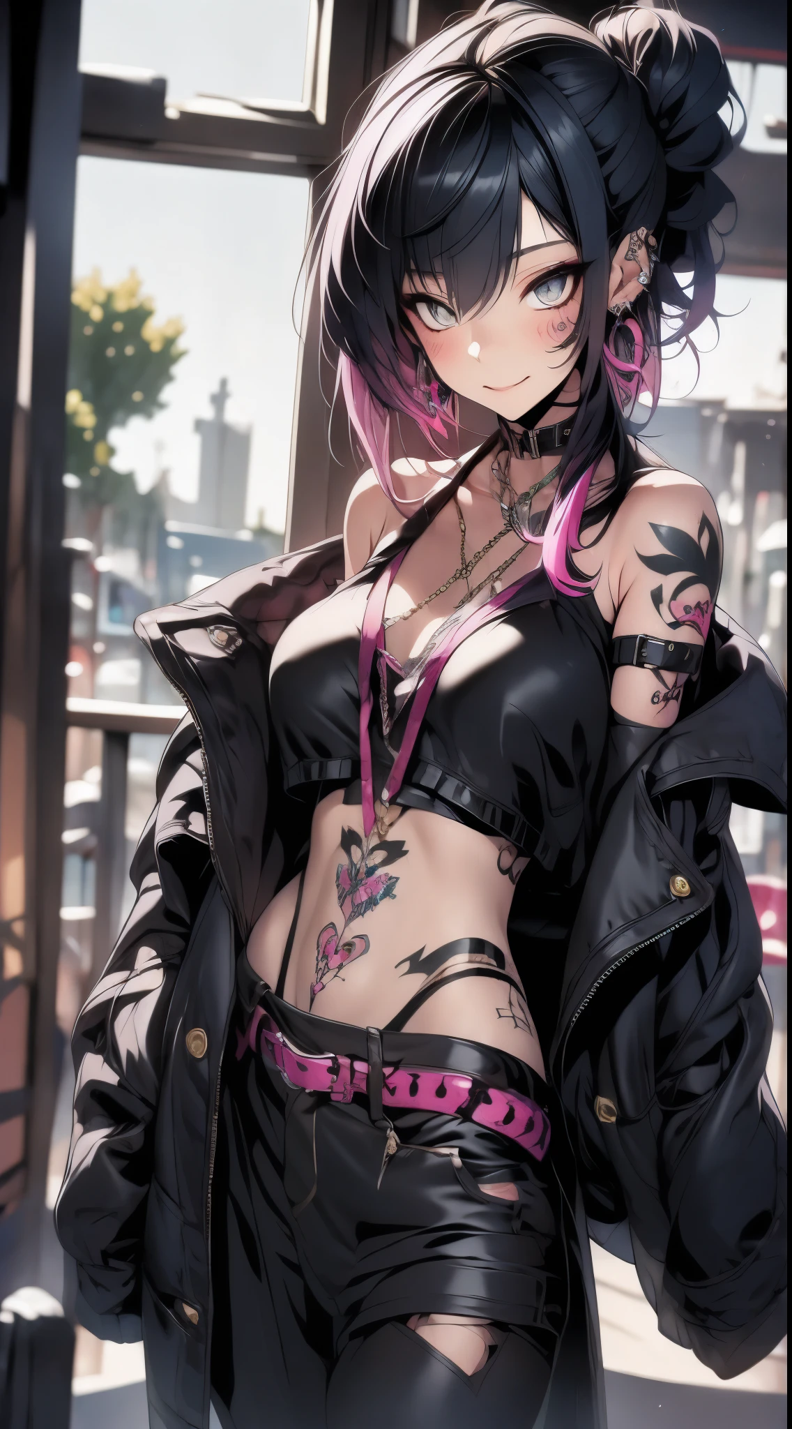 masterpiece, Best Quality, pixiv, cool girl, many piercings, earrings, tattoos, black fur, pink dip dyed hair, grey eyes
