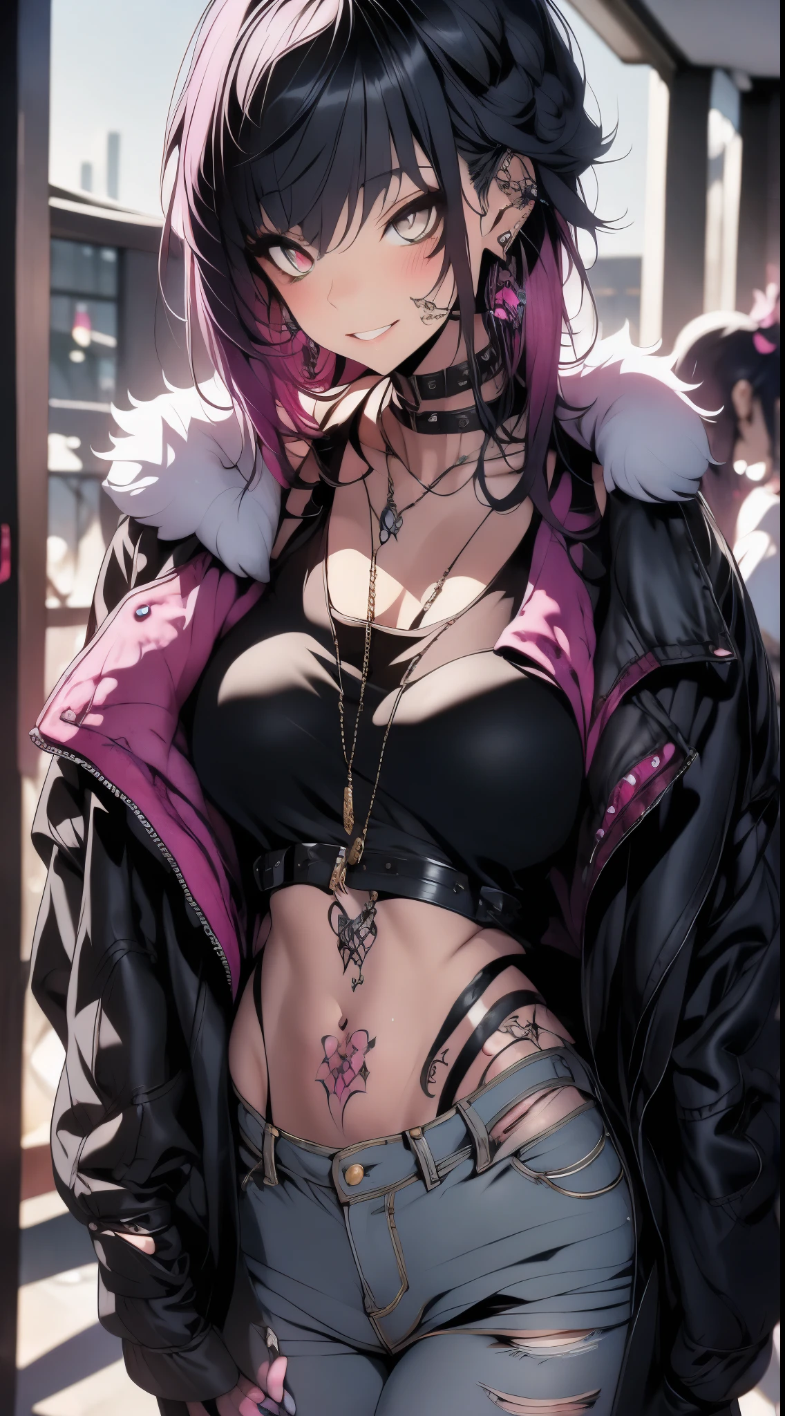 masterpiece, Best Quality, pixiv, cool girl, many piercings, earrings, tattoos, black fur, pink dip dyed hair, grey eyes
