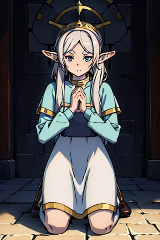 freeze, [elf ears, kneeling in front of the church 