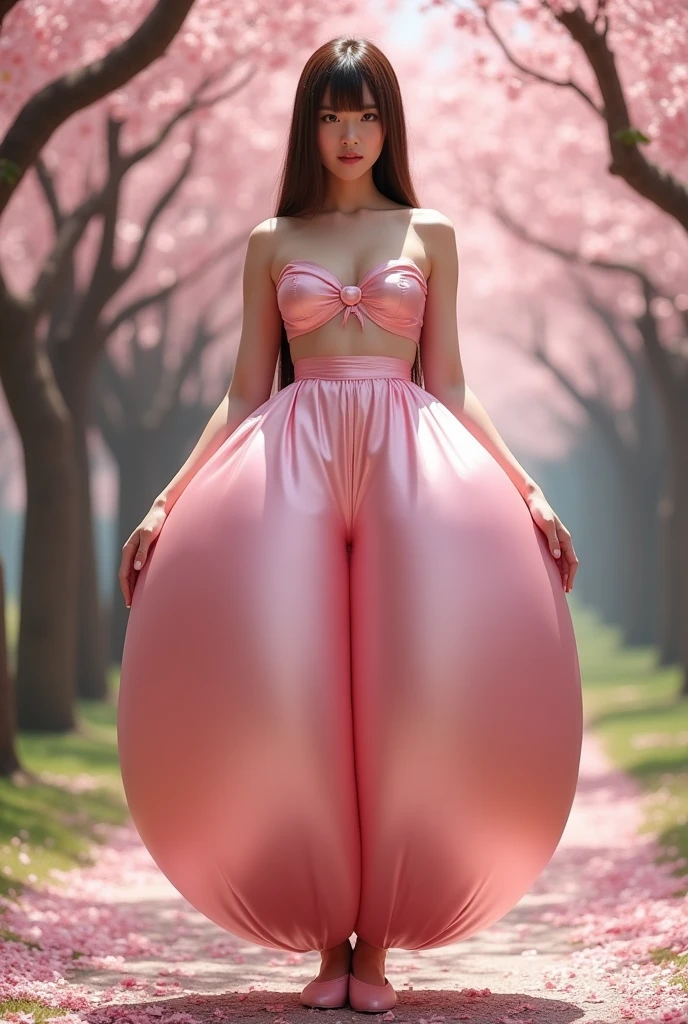 ((Photo of Pretty Japanese girl with super colossal breast)), Japanese girl, solo, fullbody, brown eyes, brown long hair, straight hair, hime cut, blunt bangs, blunt tips, gigantic cleavage breasts, J-cup breasts, (Very_large_breasts:1.5), standing in a pathway lined with cherry blossom trees, wearing an Arabian outfit consisting of humongous inflatable full length satin ATS-style pantaloons with her belly button exposed, pink dance shoes, and a simple satin strapless bra. The outfit is light pink and the pants are extremely puffy and completely round and completely spherical, (Best quality:1.3).