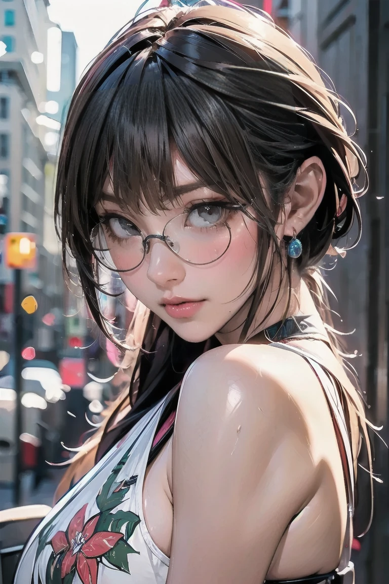 Photorealistic, masutepiece, Best Quality, Raw photo, 1girl in, Solo, Long hair, Brown hair, Detailed face, alluring face, Sweater that kills virgins, medium breasts, Dynamic Pose, Looking at Viewer, From below, Detailed background, fine detailed, intricate detailes, Ray tracing, depth of fields, lowkey, nffsw, naked portrait, nude photography, shiny nipple, show armpit , no clothes