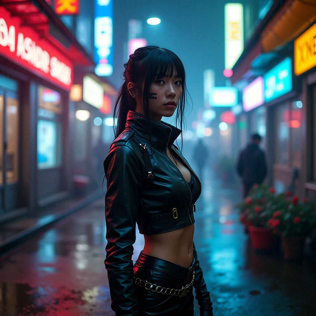 A beautiful cyber woman in front of a telephone cabin in a wet and foggy night